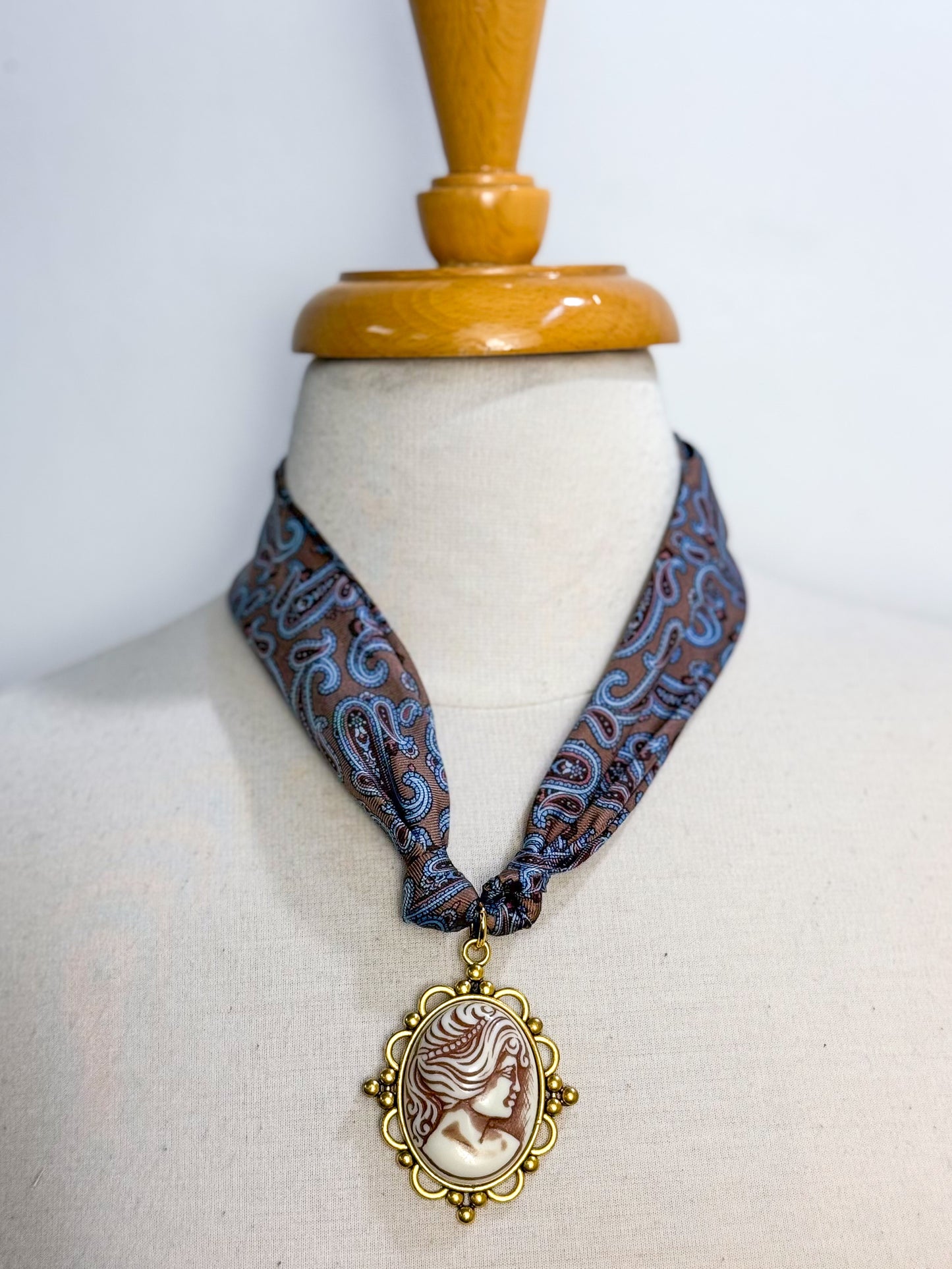 OOAK Vintage Silk Tie Cameo Scarf Necklace