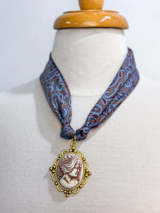 OOAK Vintage Silk Tie Cameo Scarf Necklace