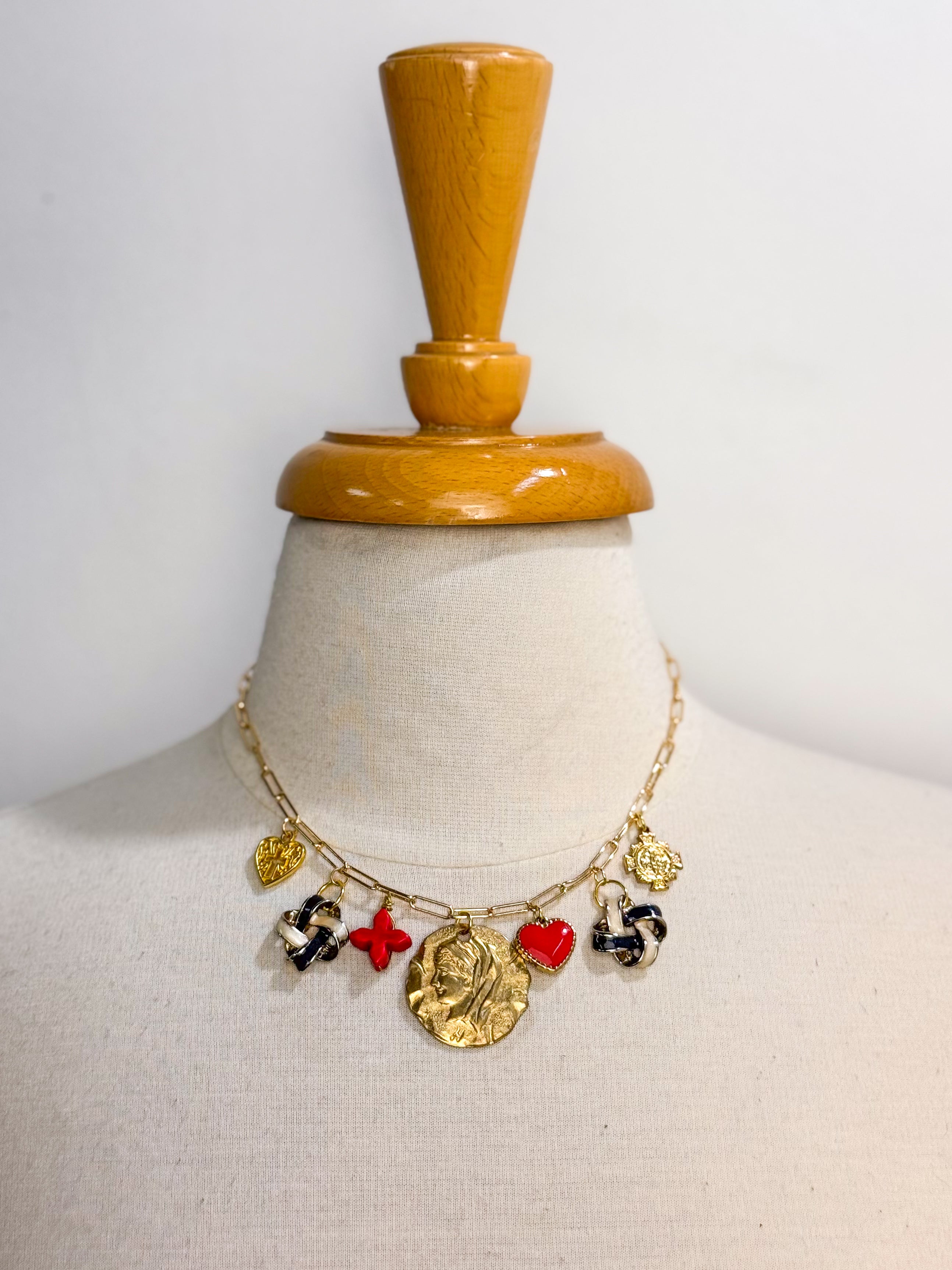OOAK Vintage Coin Red/Navy Charm Necklace