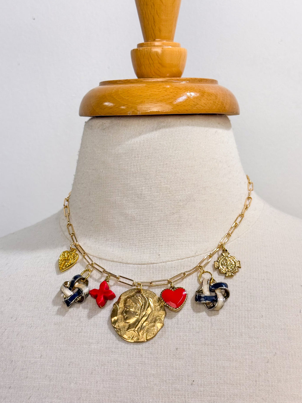 OOAK Vintage Coin Red/Navy Charm Necklace