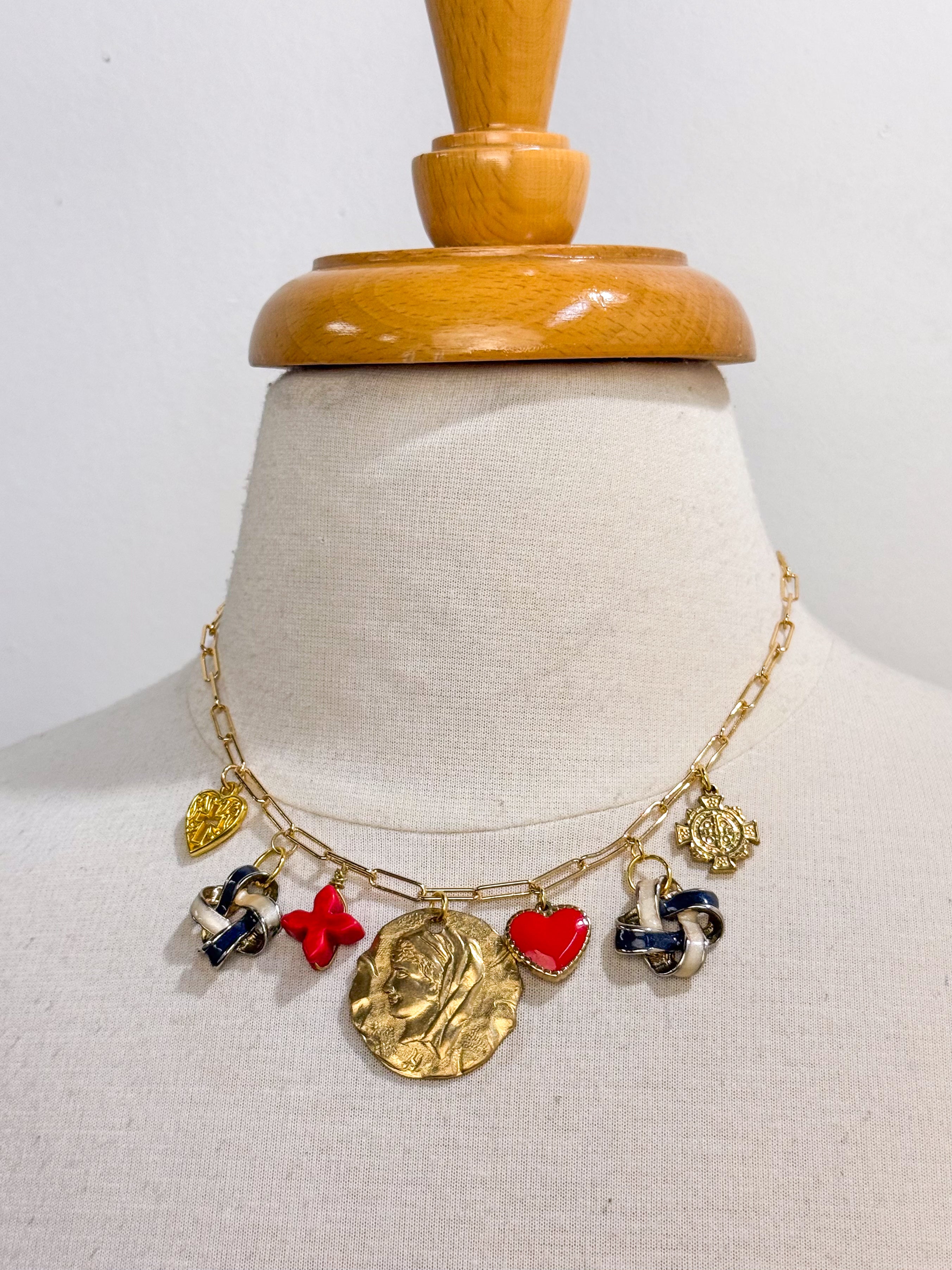 OOAK Vintage Coin Red/Navy Charm Necklace