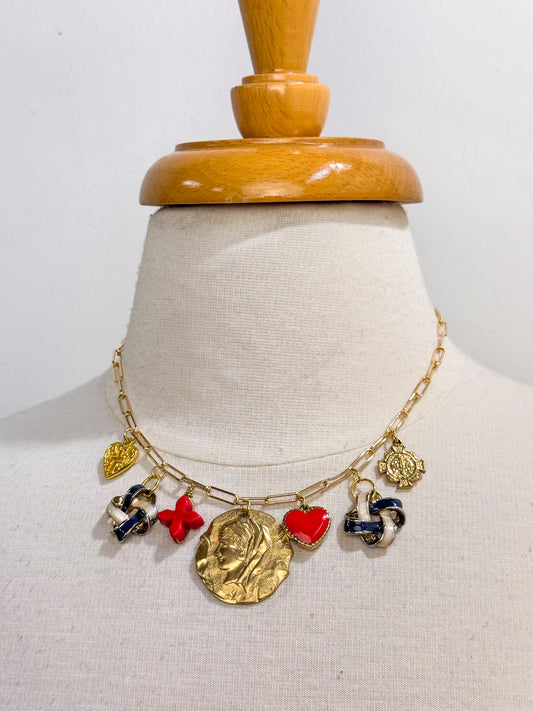 OOAK Vintage Coin Red/Navy Charm Necklace