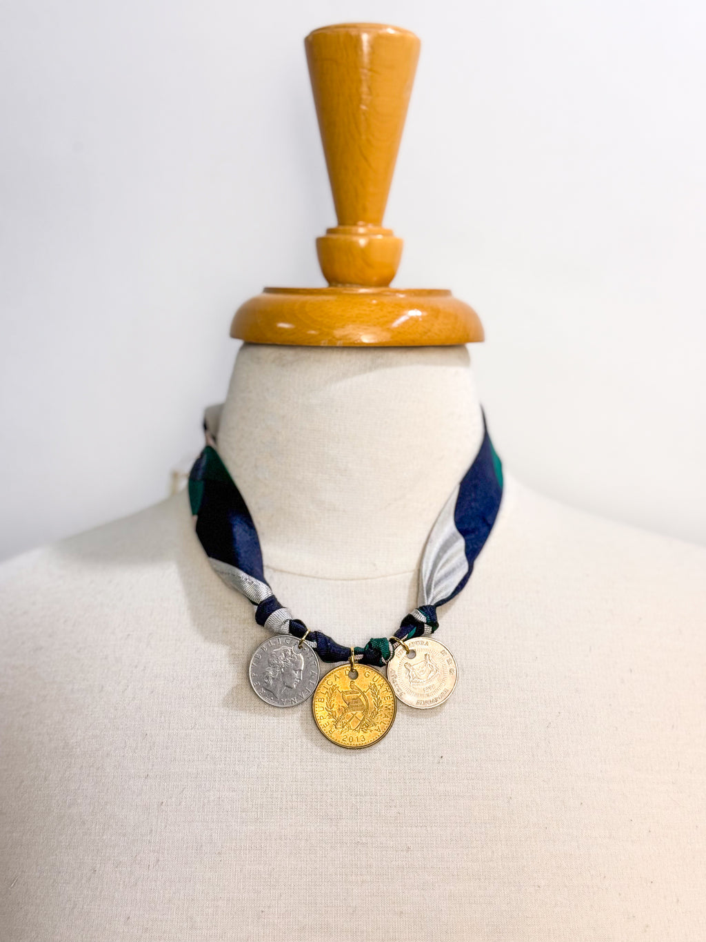 OOAK Vintage Silk Tie/Foreign Coin Necklace
