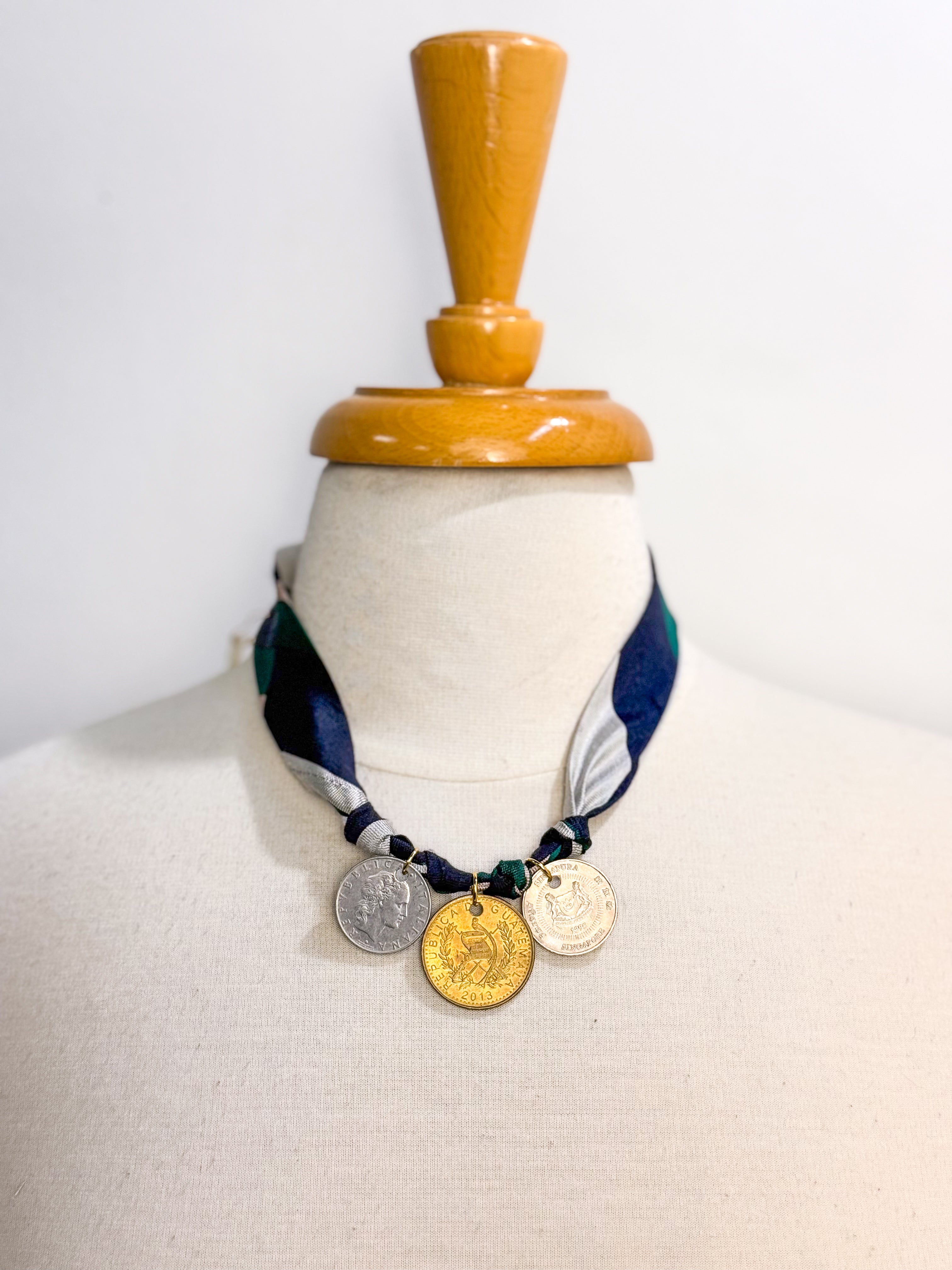 OOAK Vintage Silk Tie/Foreign Coin Necklace