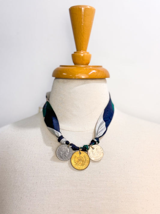 OOAK Vintage Silk Tie/Foreign Coin Necklace