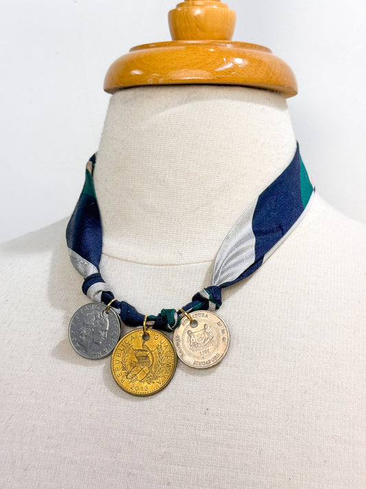 OOAK Vintage Silk Tie/Foreign Coin Necklace