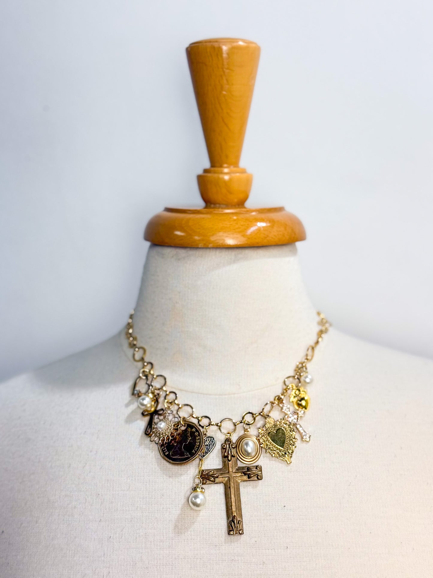 OOAK Vintage Cross and Coin Charm Necklace
