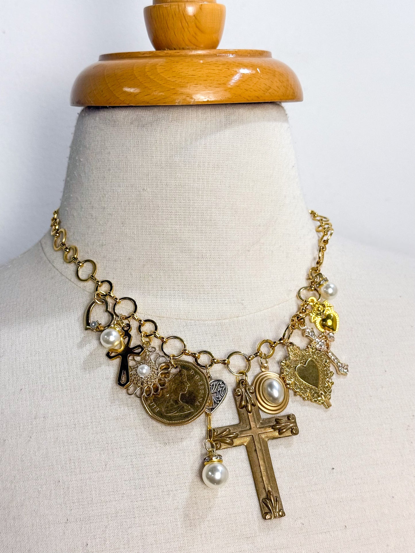 OOAK Vintage Cross and Coin Charm Necklace