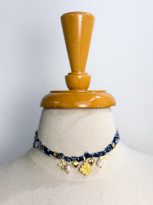 Cross Pearl & Heart Bandana Necklace