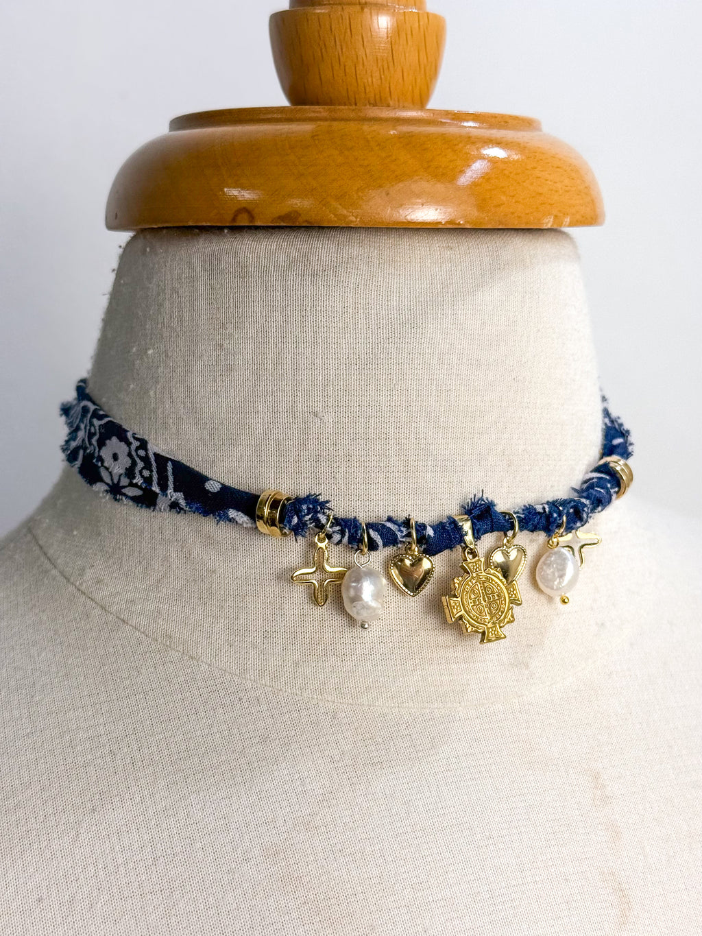 Cross Pearl & Heart Bandana Necklace