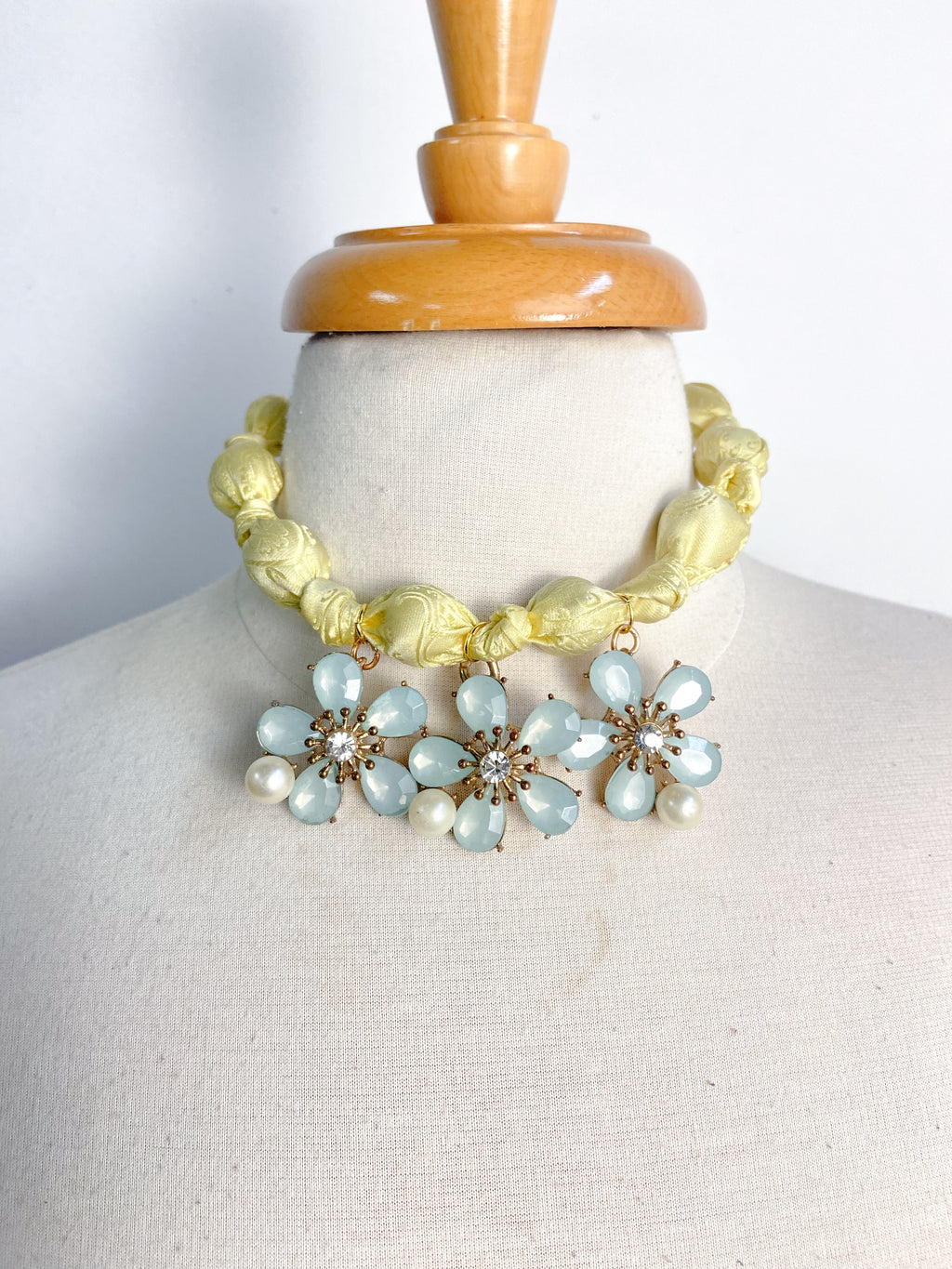 OOAK Knotted Silk Scarf Floral Pendant Statement Necklace