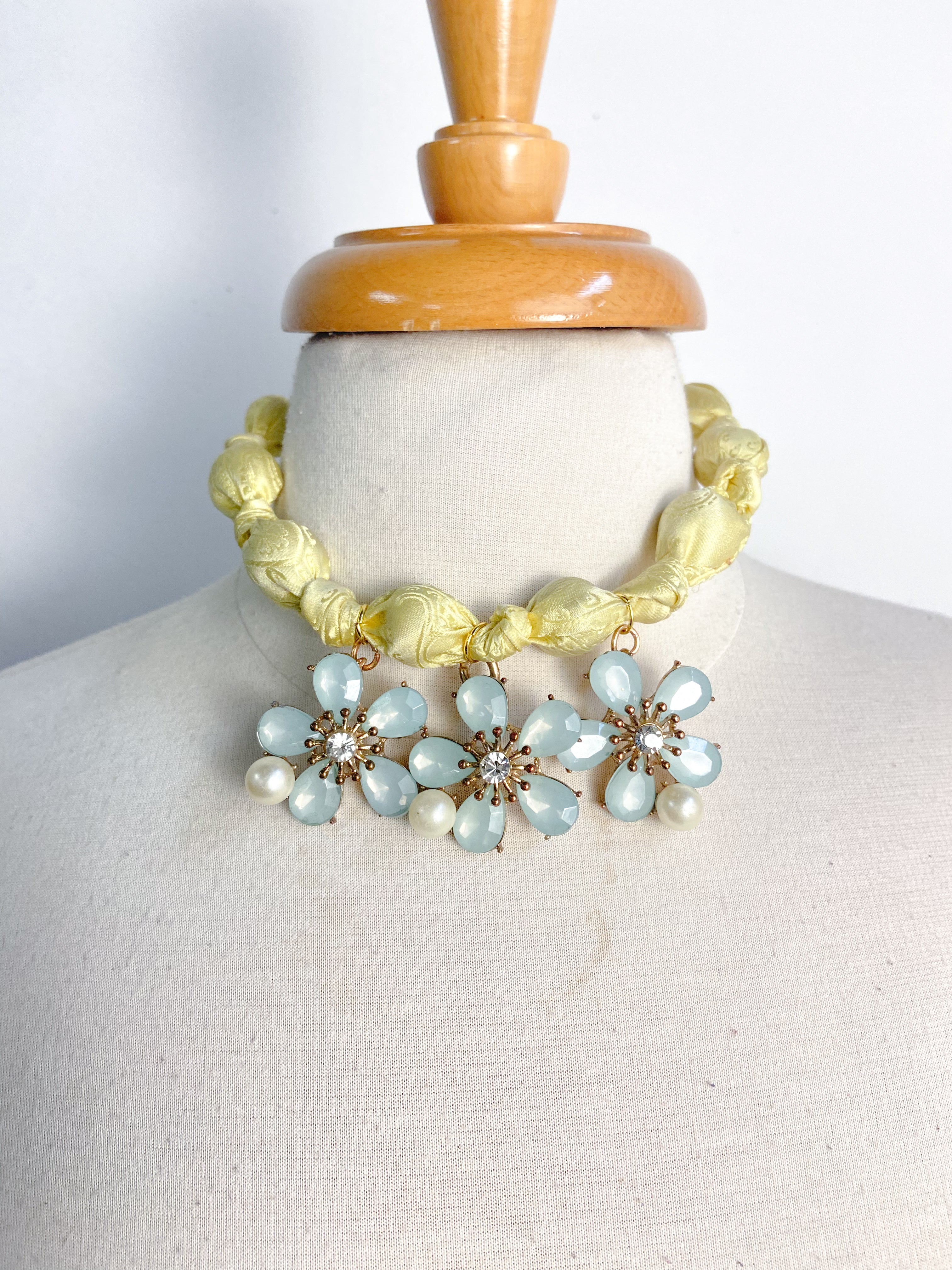 OOAK Knotted Silk Scarf Floral Pendant Statement Necklace