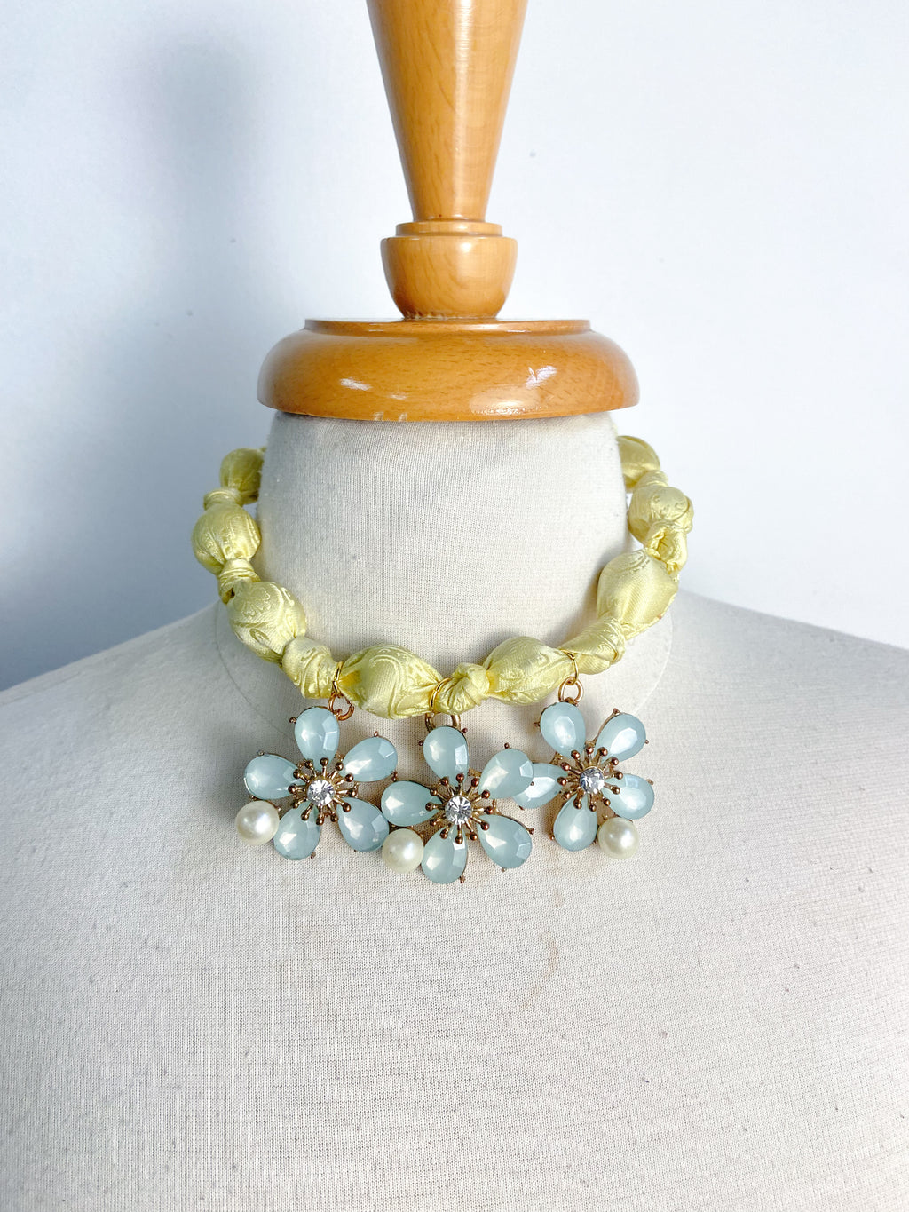 OOAK Knotted Silk Scarf Floral Pendant Statement Necklace