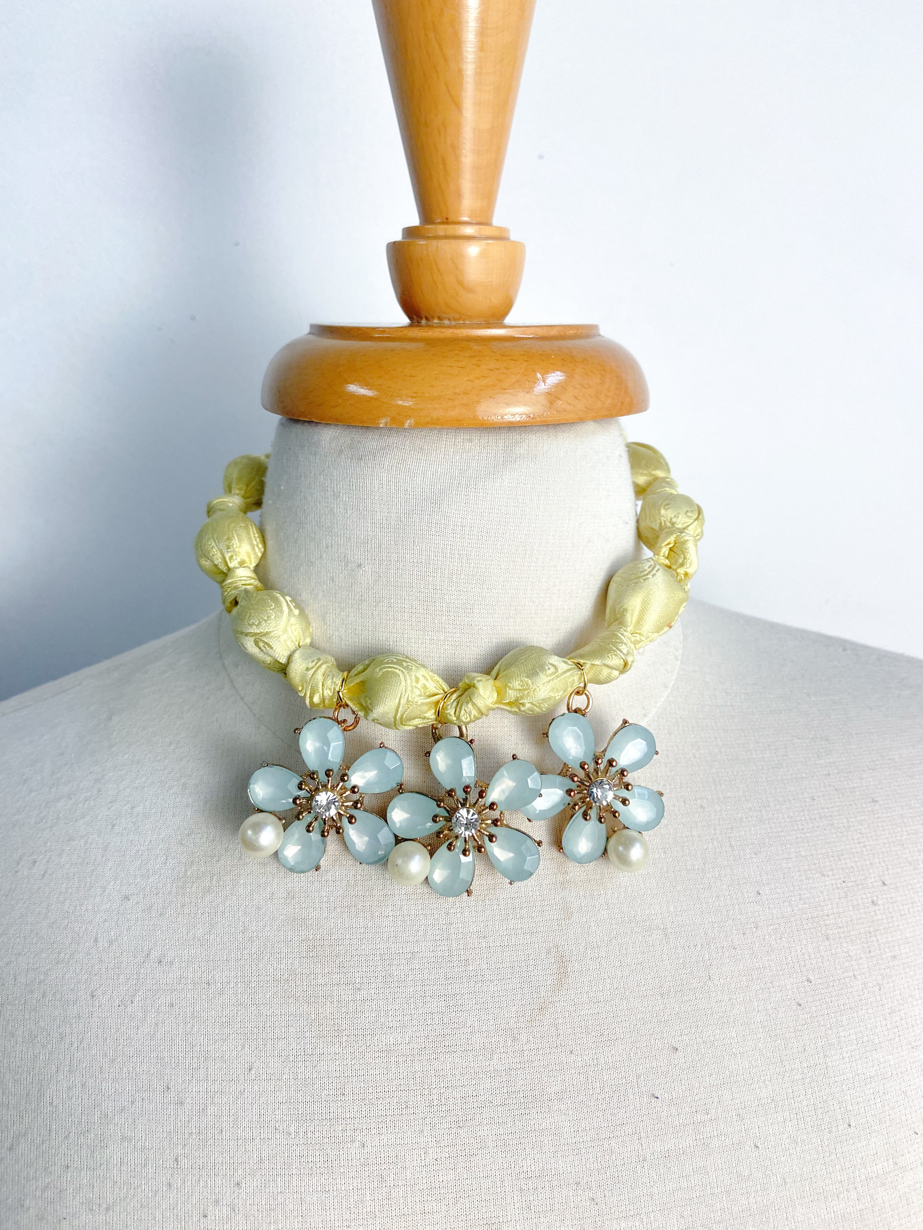 OOAK Knotted Silk Scarf Floral Pendant Statement Necklace