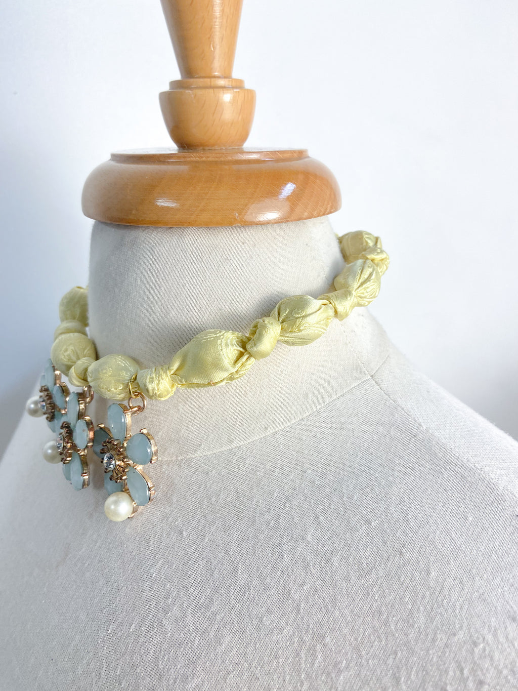 OOAK Knotted Silk Scarf Floral Pendant Statement Necklace