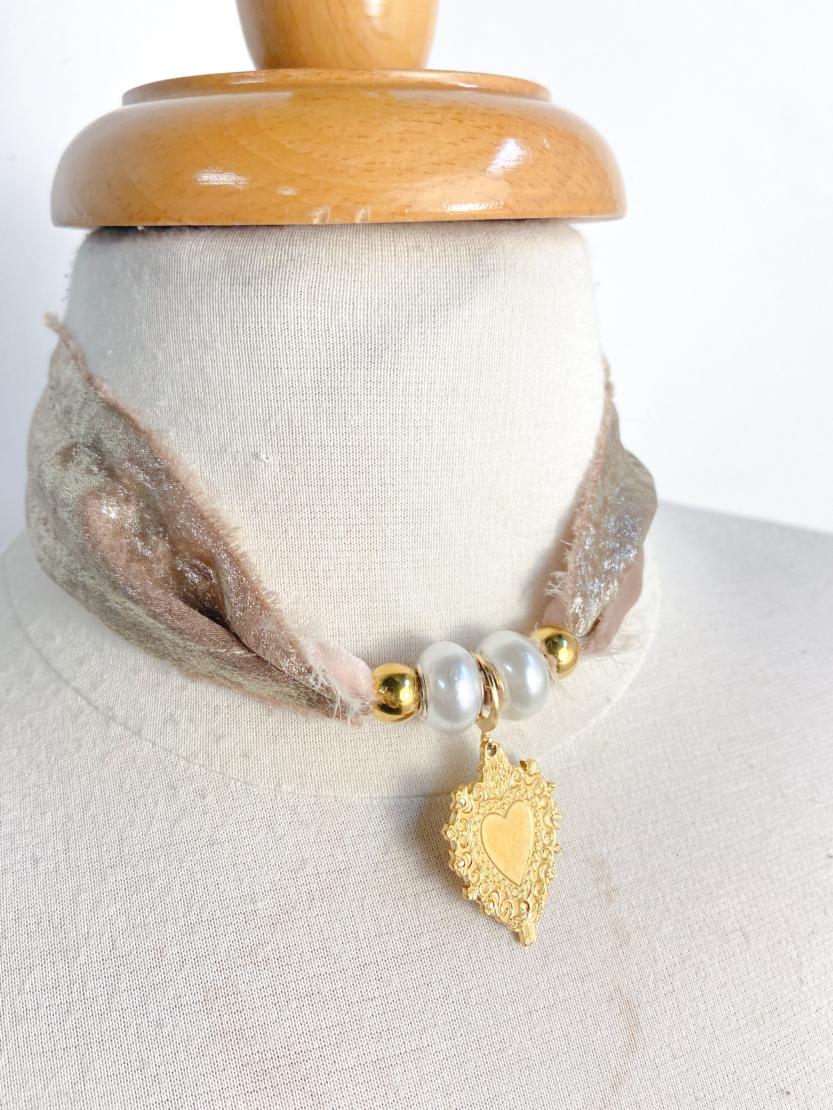 OOAK Heart Crest Ribbon Scarf Necklace