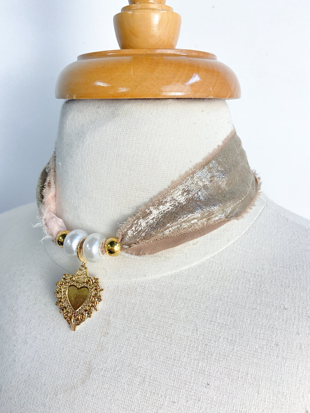 OOAK Heart Crest Ribbon Scarf Necklace
