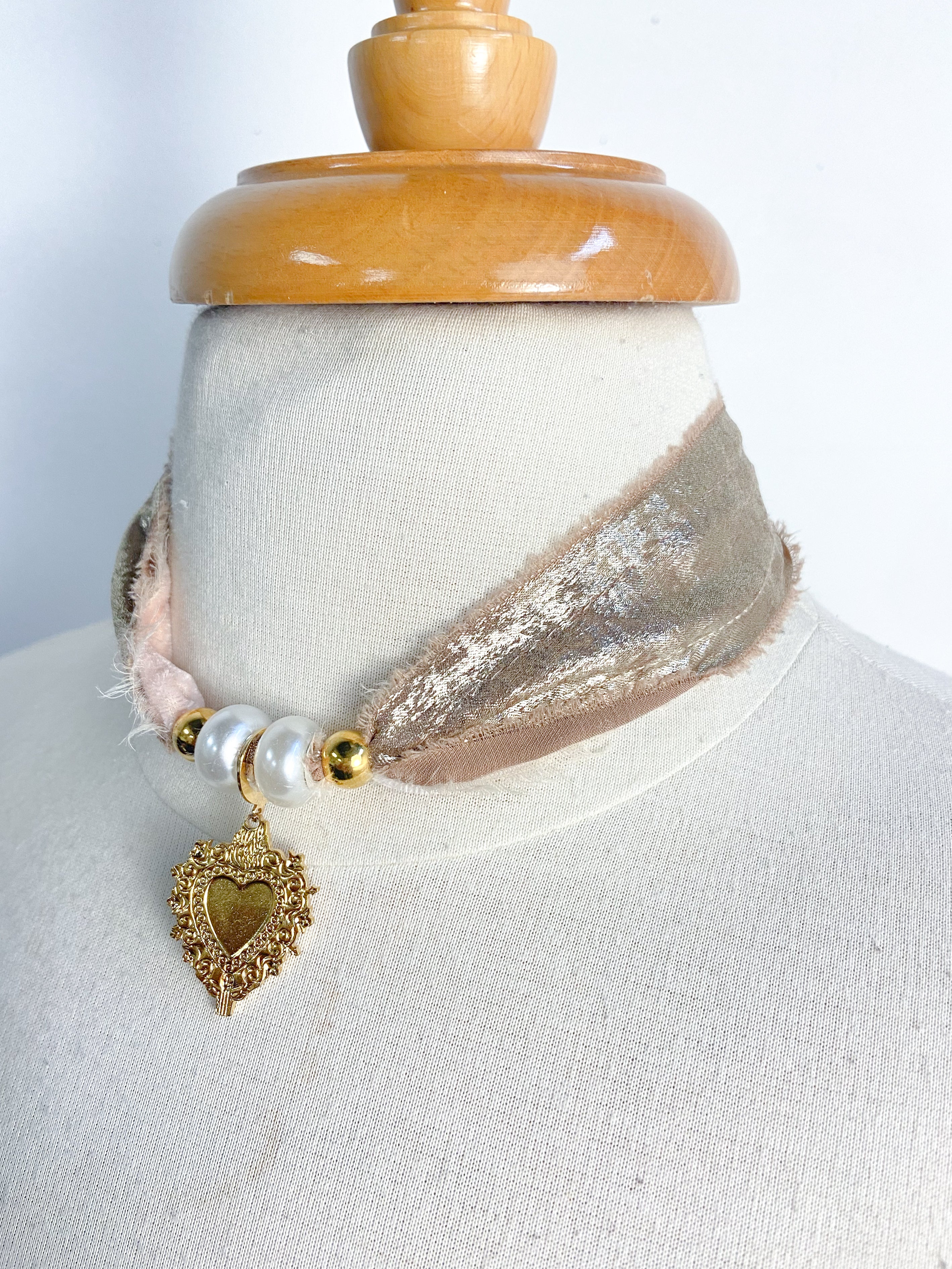 OOAK Heart Crest Ribbon Scarf Necklace