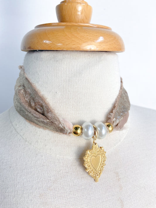 OOAK Heart Crest Ribbon Scarf Necklace