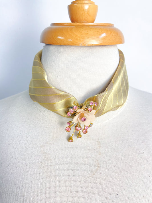 OOAK Floral Broach Silk Tie Scarf Necklace