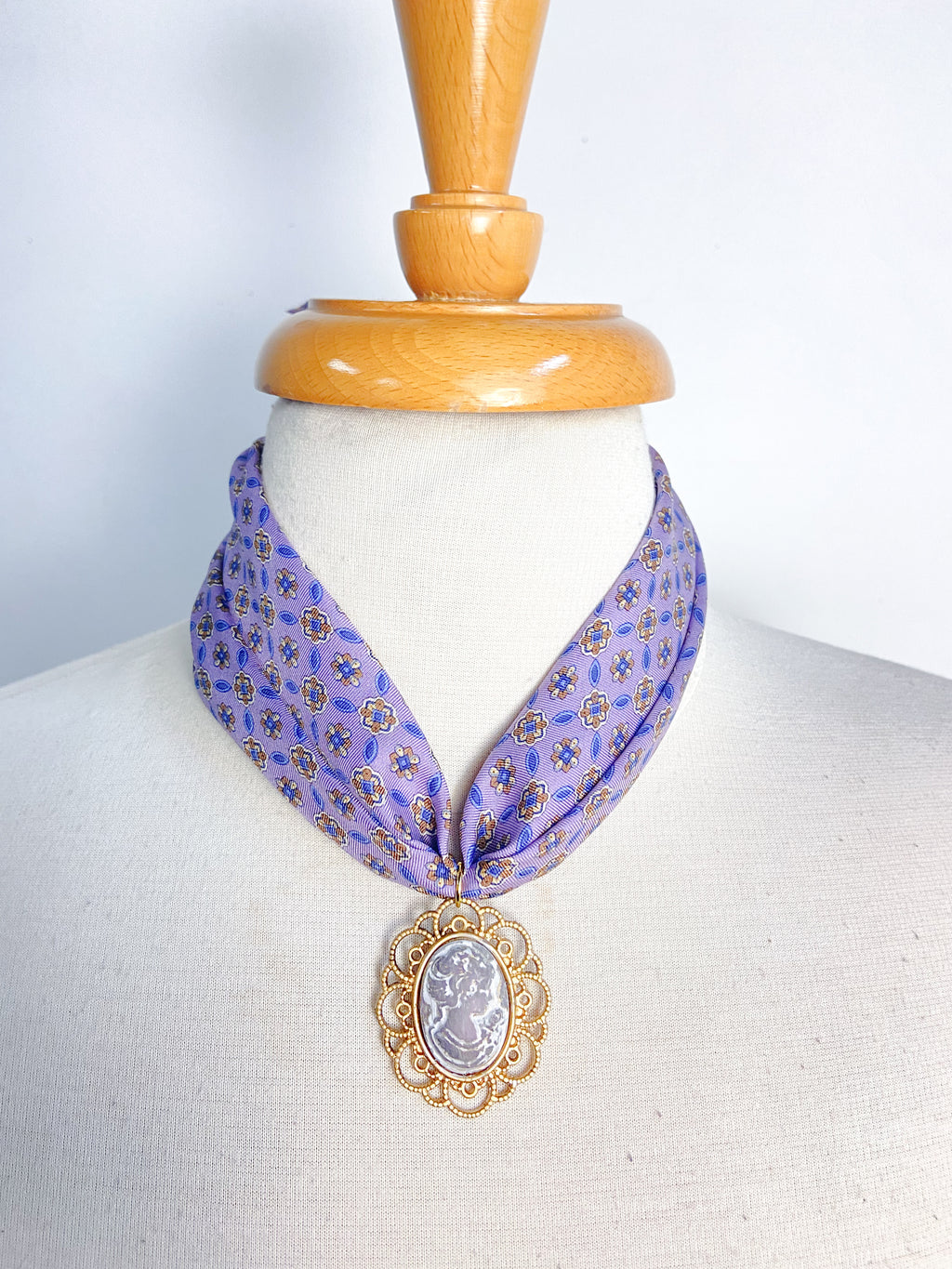 OOAK Cameo and Silk Tie Scarf Necklace