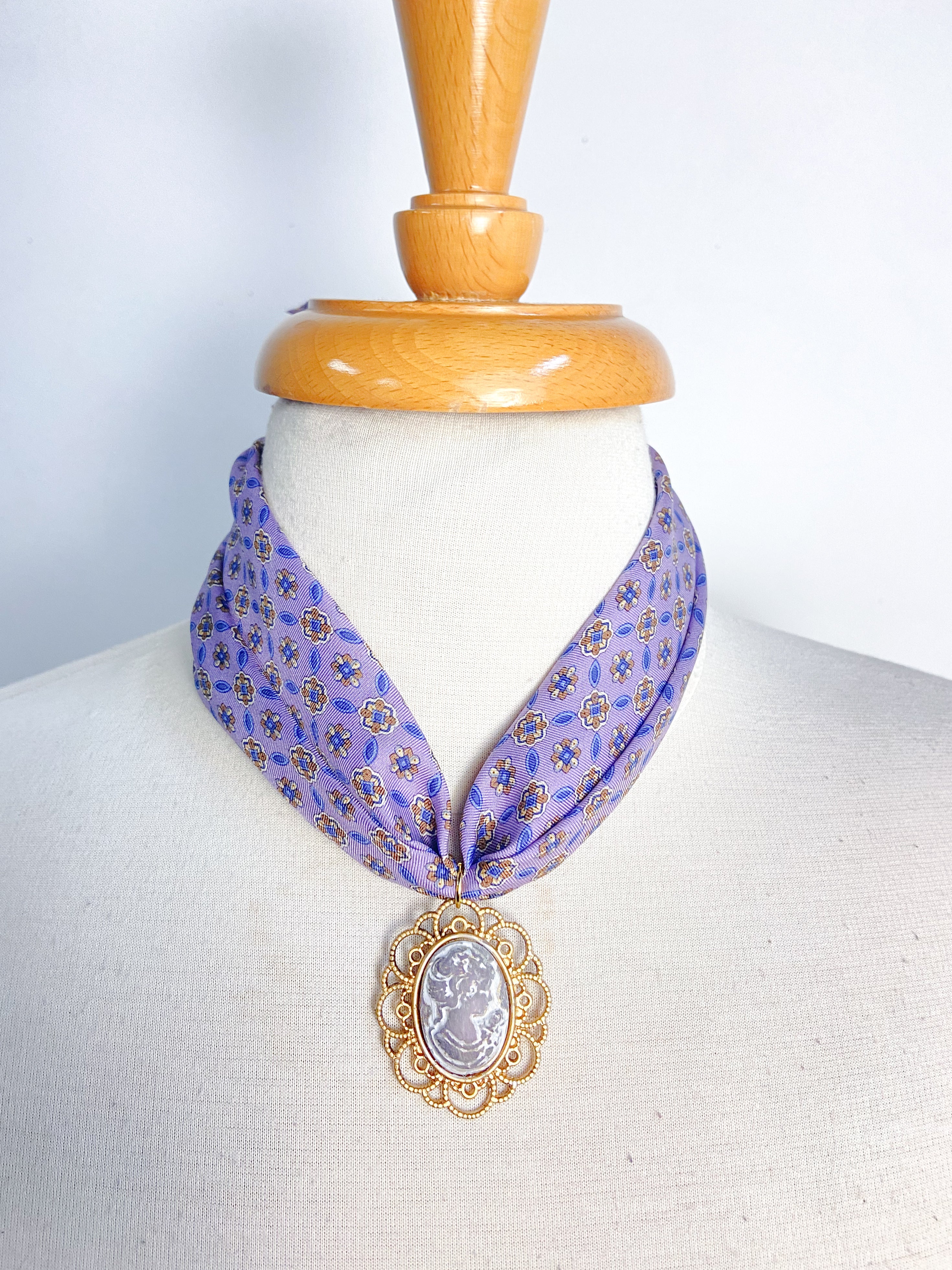 OOAK Cameo and Silk Tie Scarf Necklace