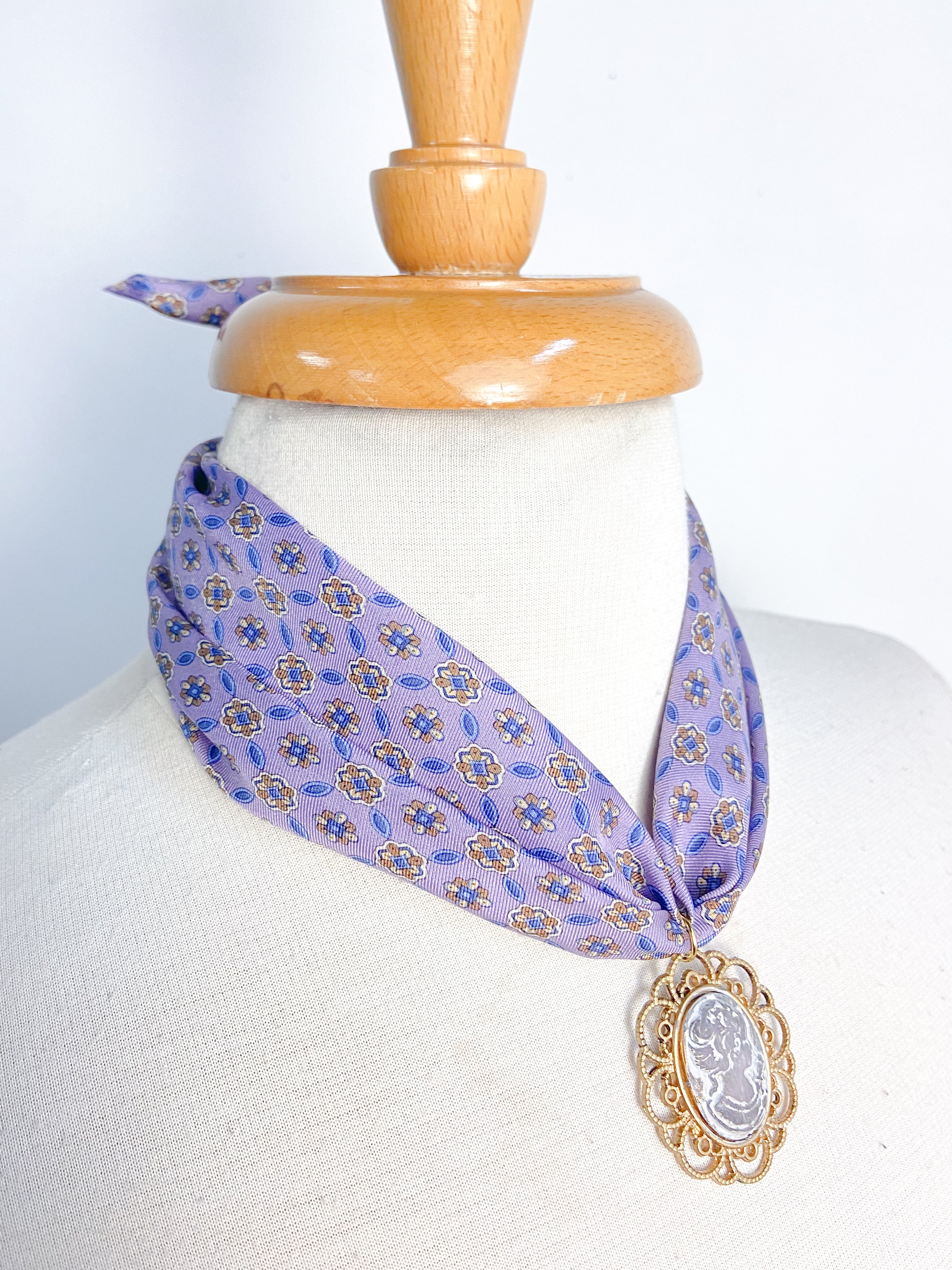 OOAK Cameo and Silk Tie Scarf Necklace