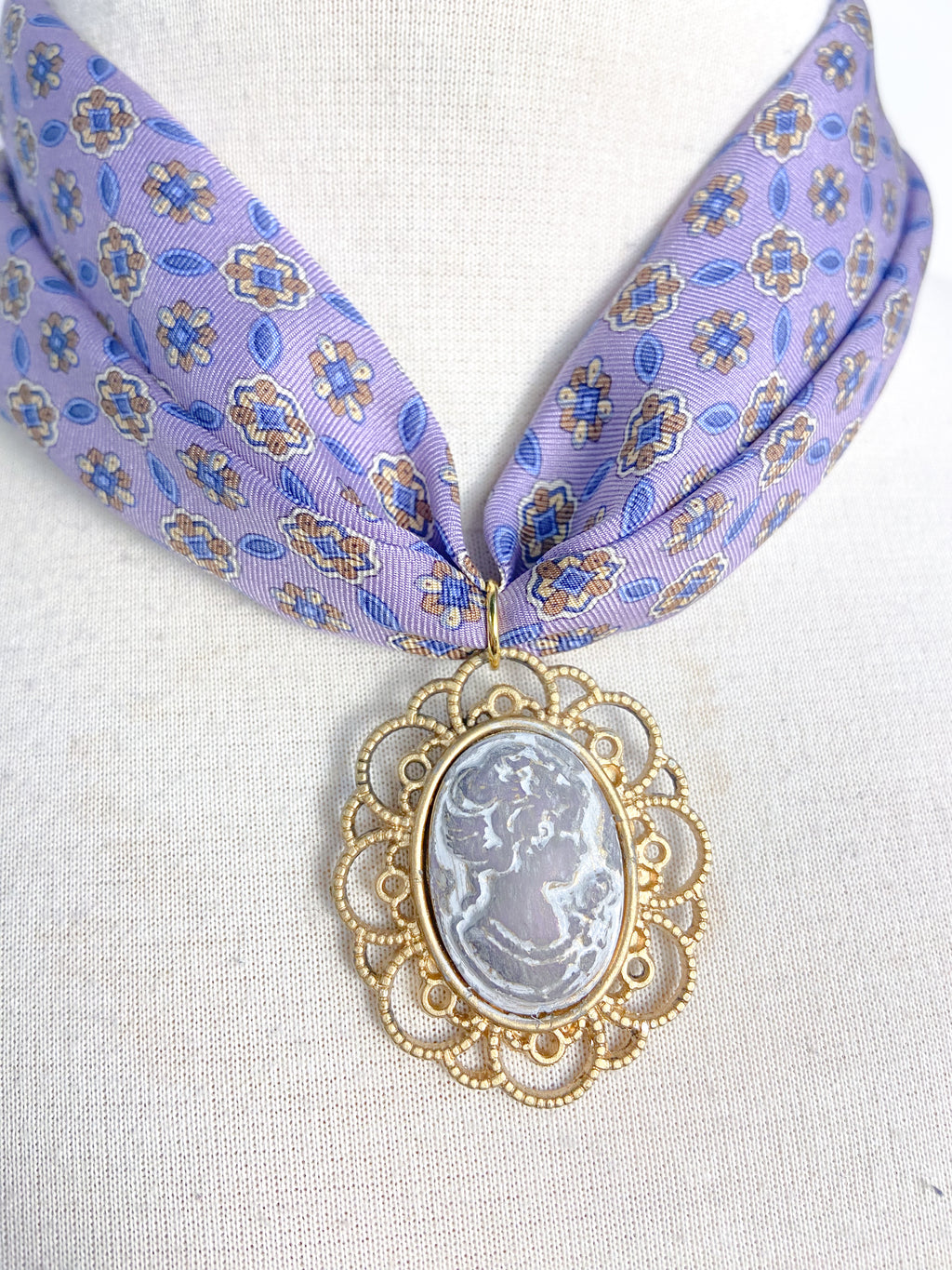 OOAK Cameo and Silk Tie Scarf Necklace