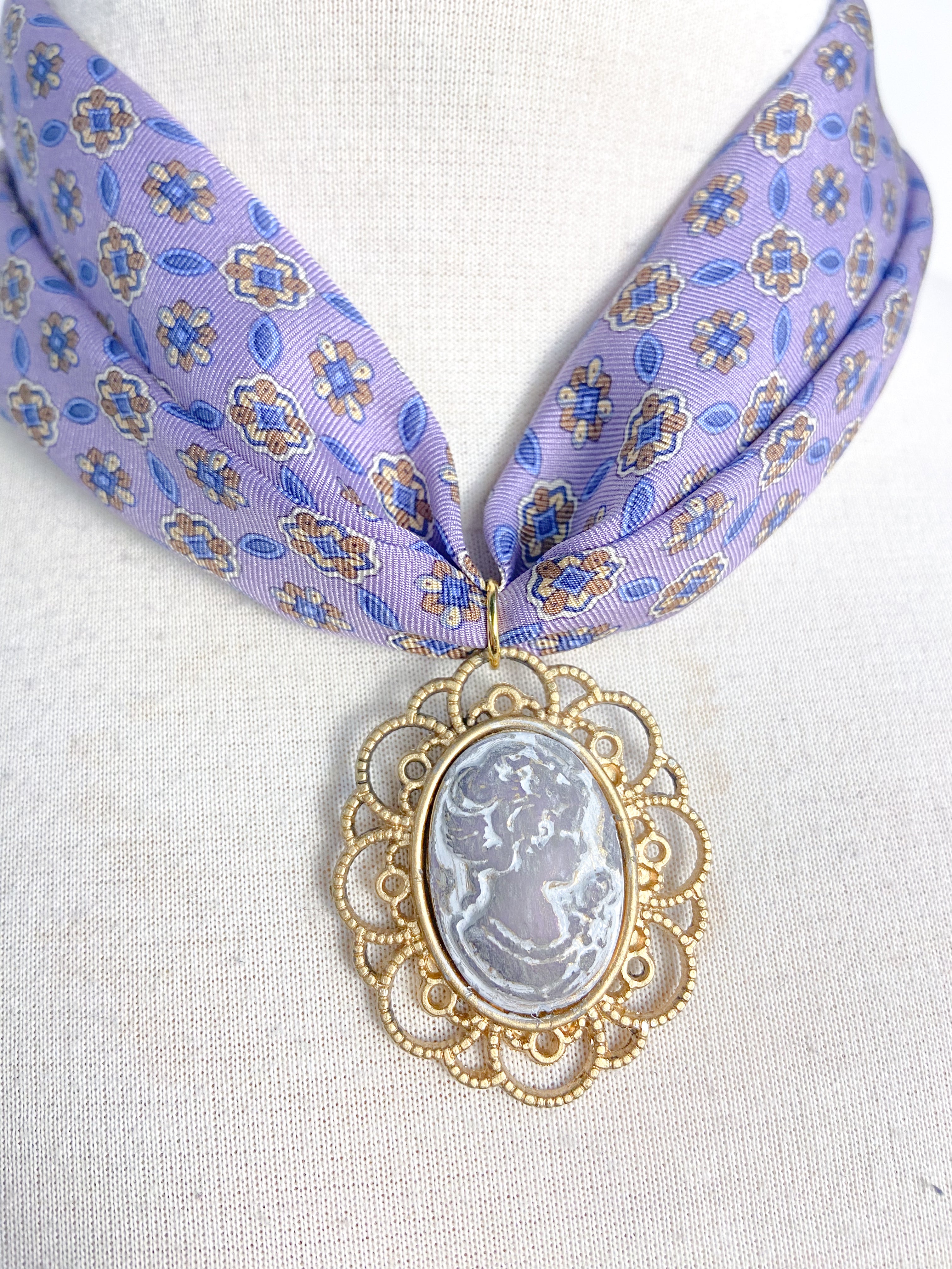 OOAK Cameo and Silk Tie Scarf Necklace