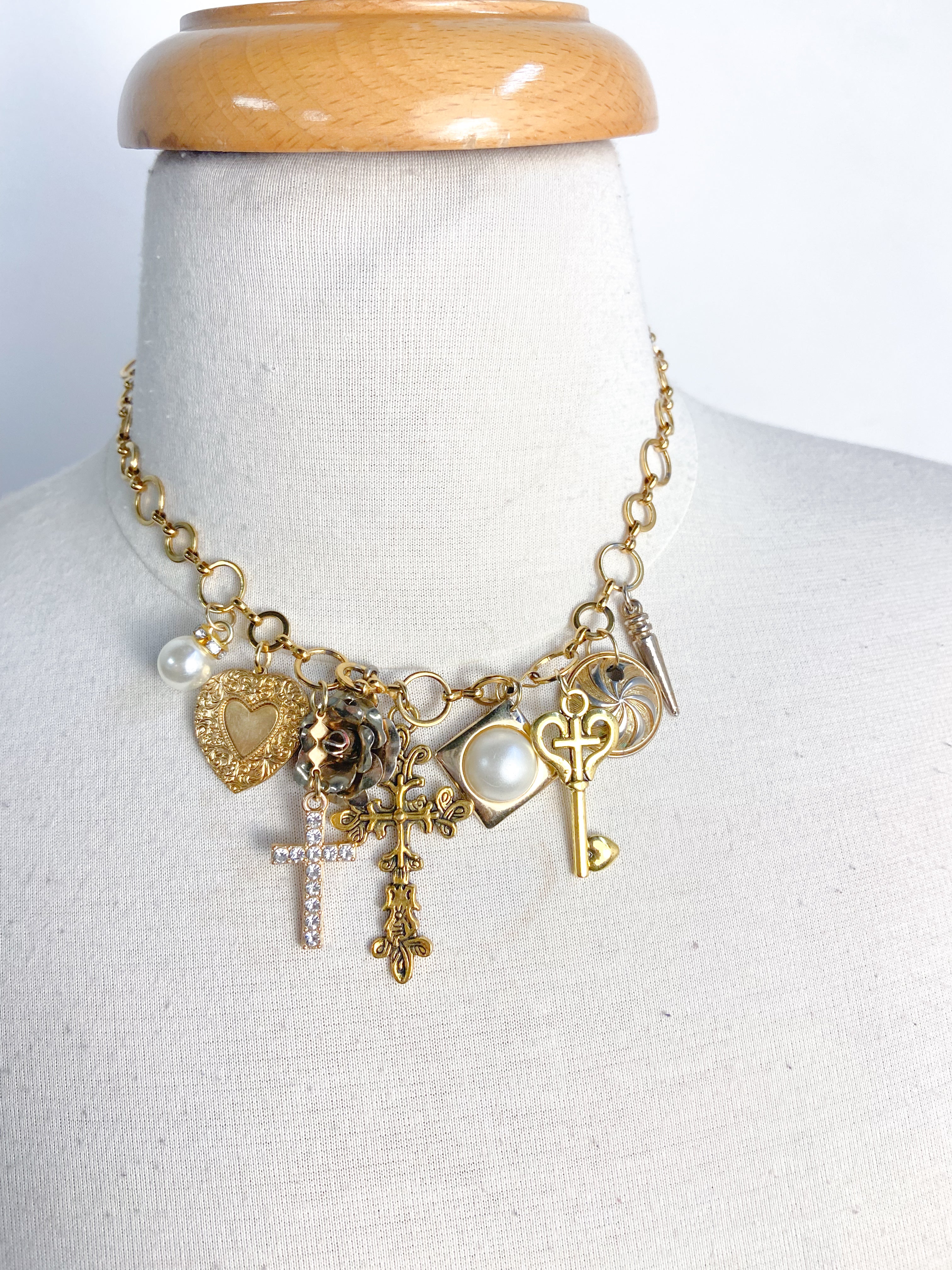 OOAK Cross/Heart Vintage Charm Necklace