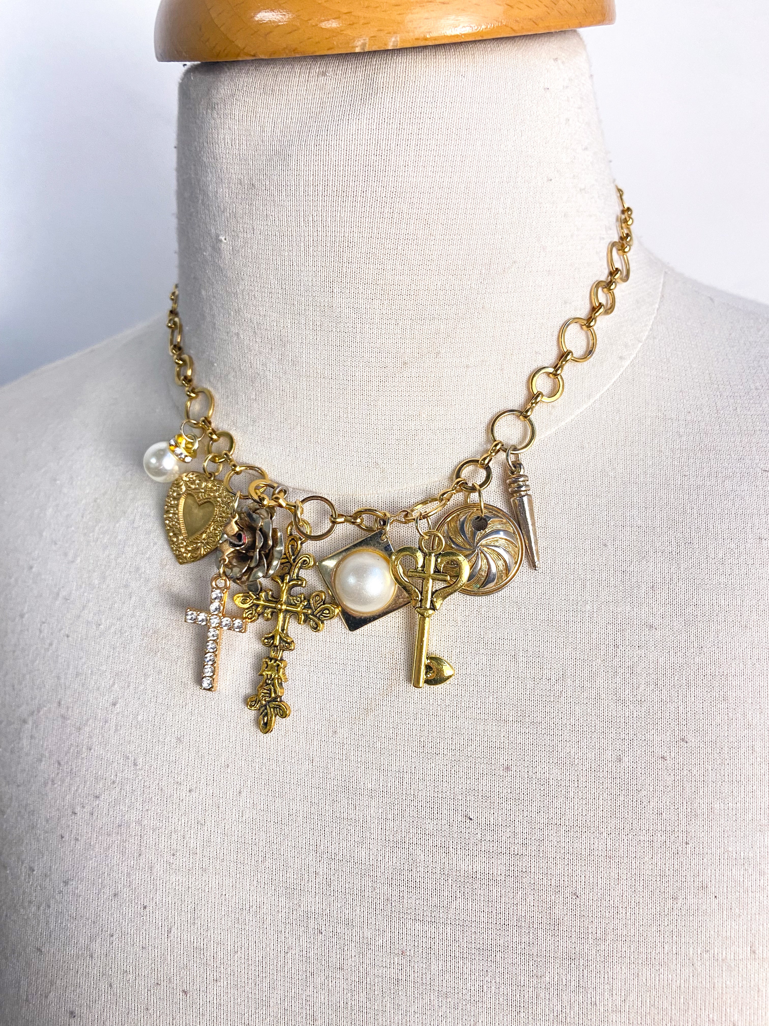 OOAK Cross/Heart Vintage Charm Necklace