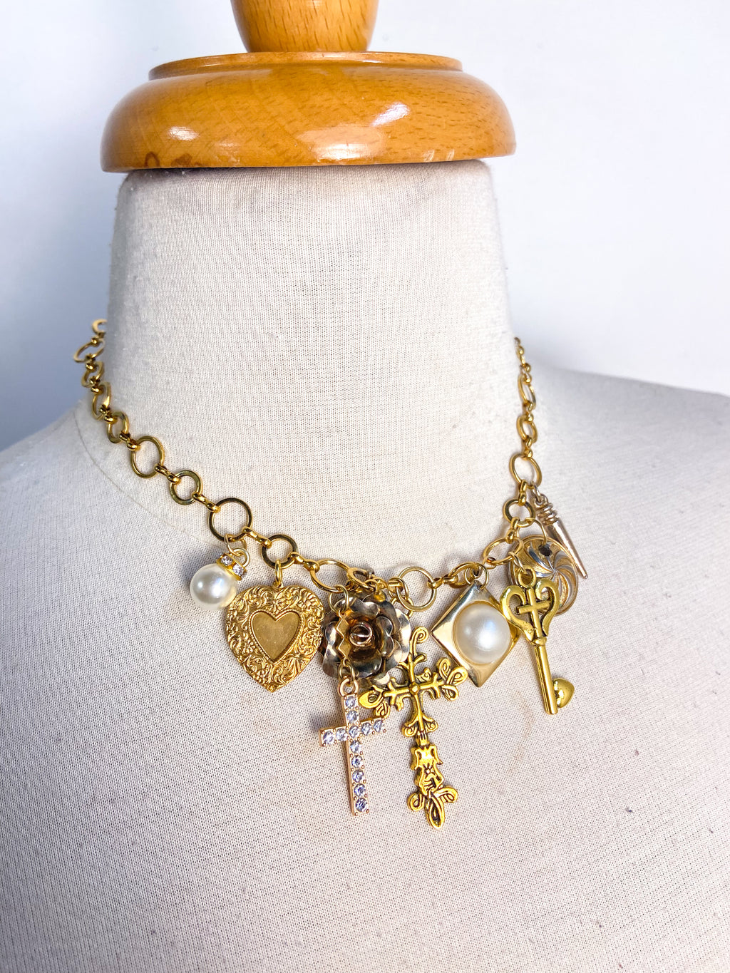 OOAK Cross/Heart Vintage Charm Necklace