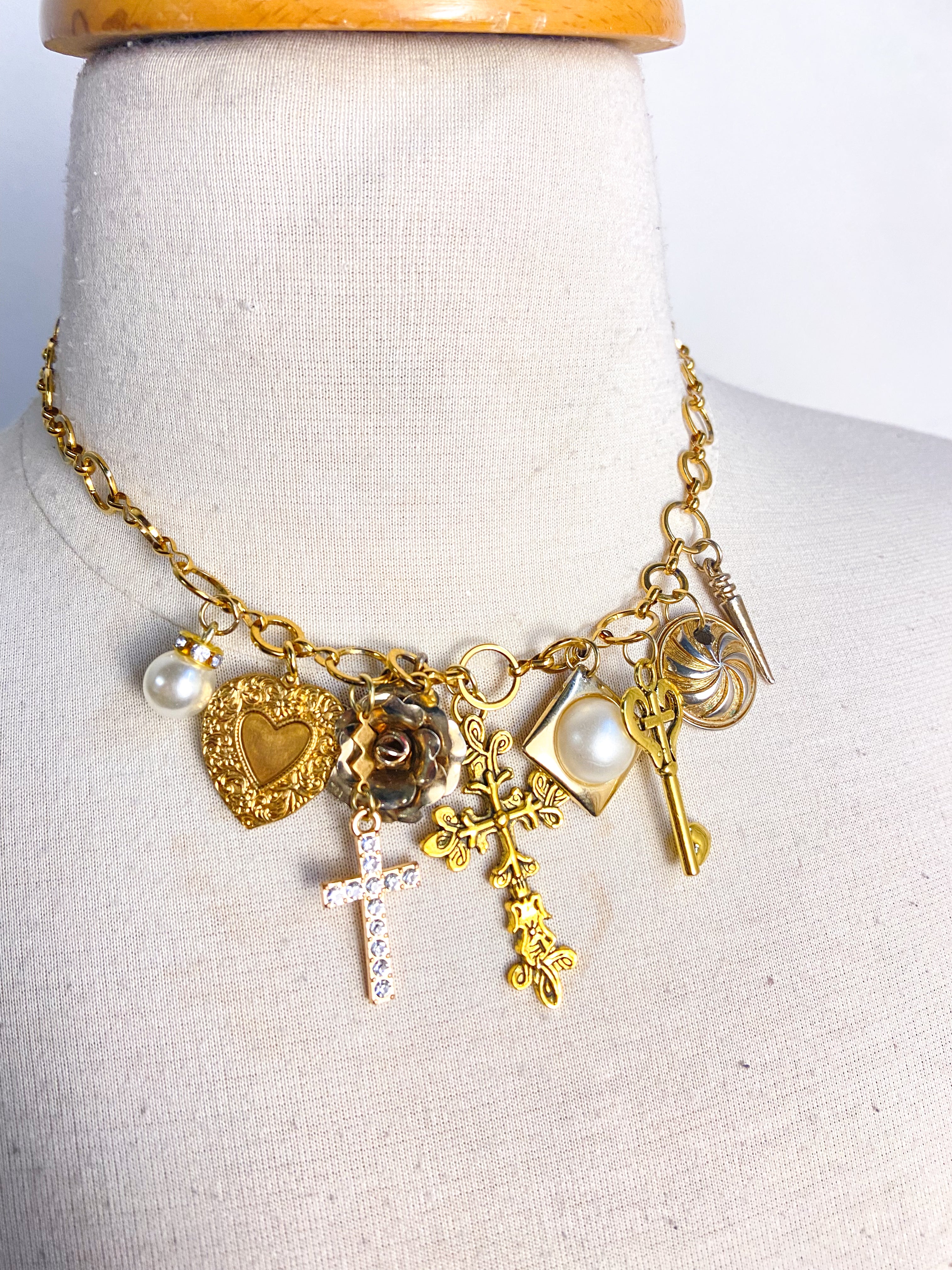 OOAK Cross/Heart Vintage Charm Necklace