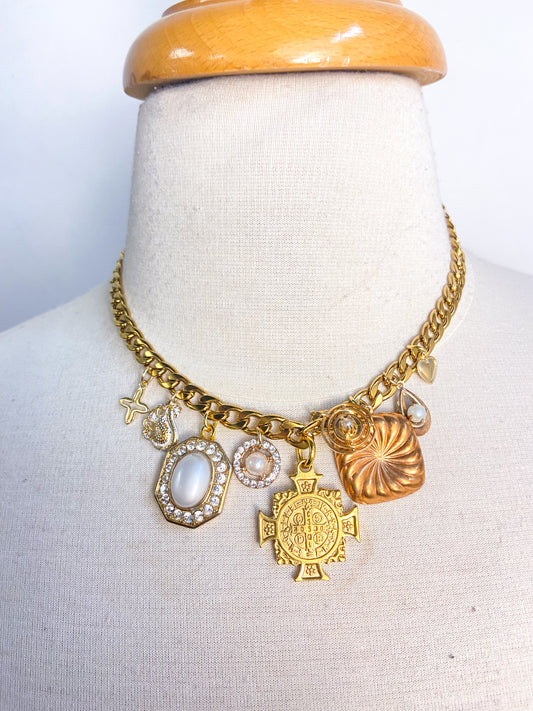 OOAK Cross/Pearl Vintage Charm Necklace