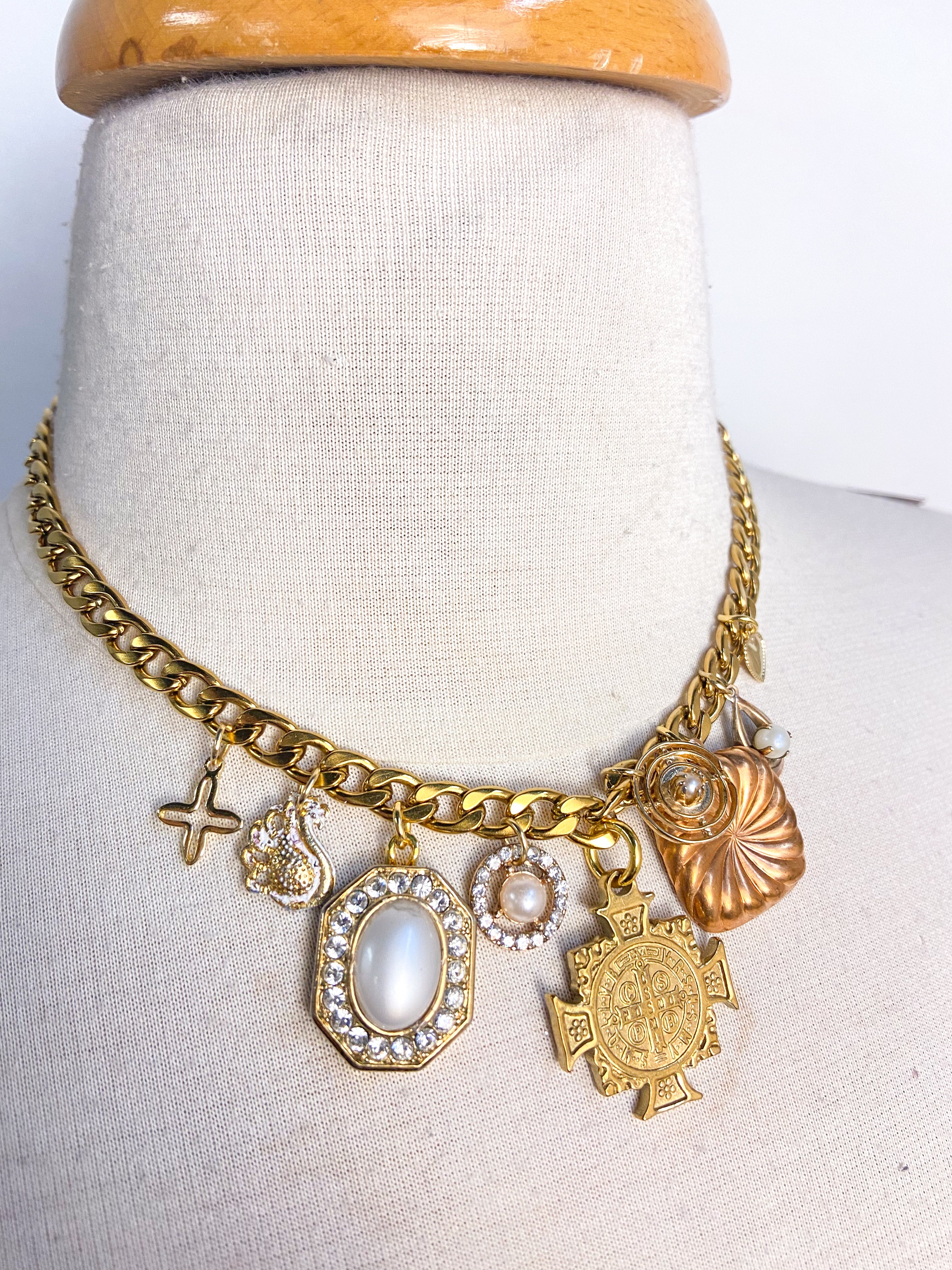 OOAK Cross/Pearl Vintage Charm Necklace