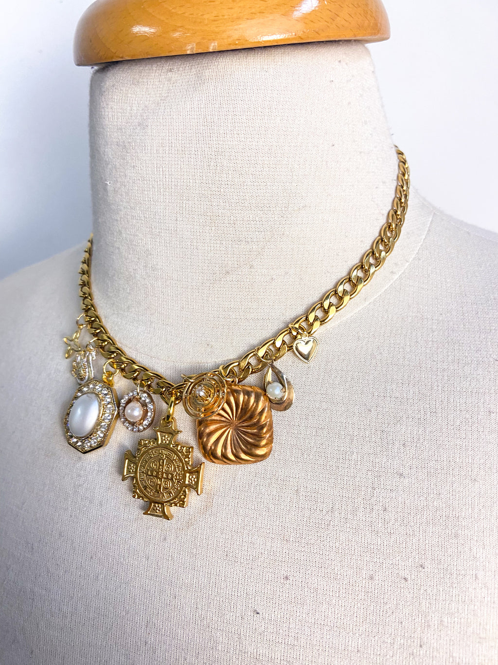 OOAK Cross/Pearl Vintage Charm Necklace