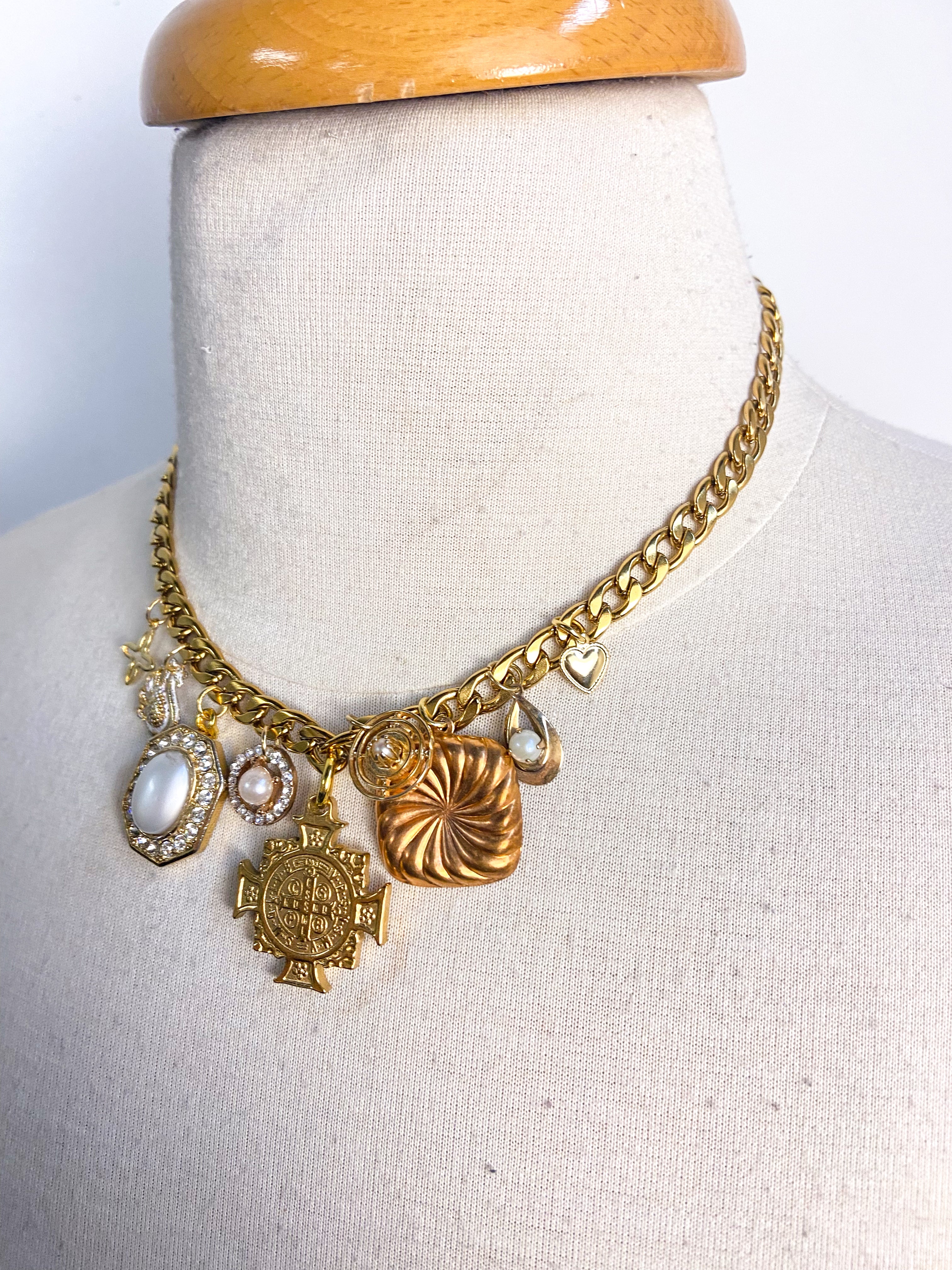 OOAK Cross/Pearl Vintage Charm Necklace