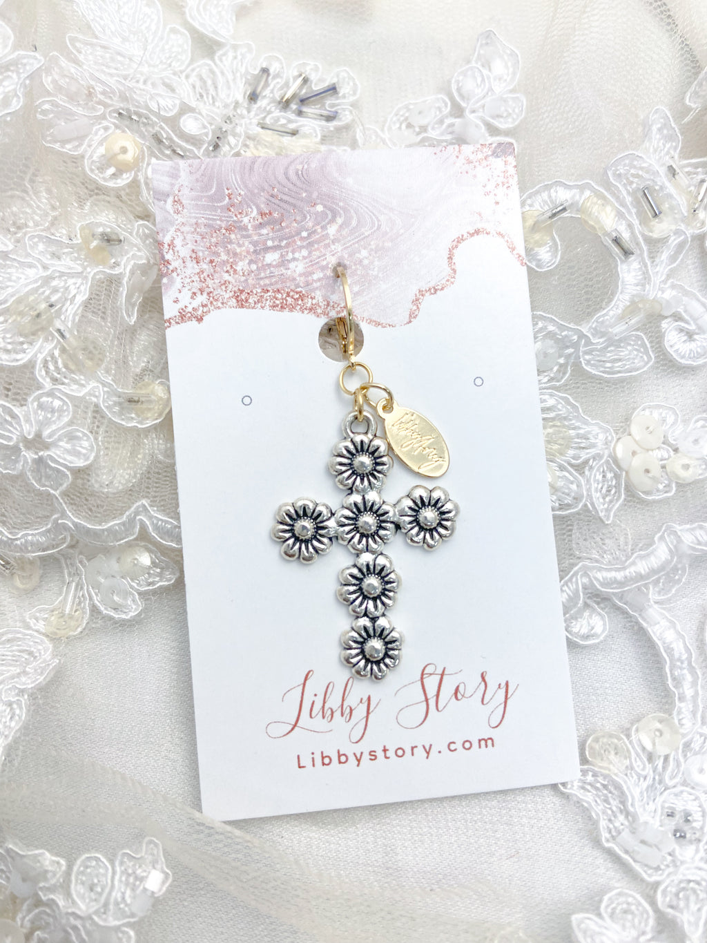 OOAK Vintage Floral Cross Clip On Charm