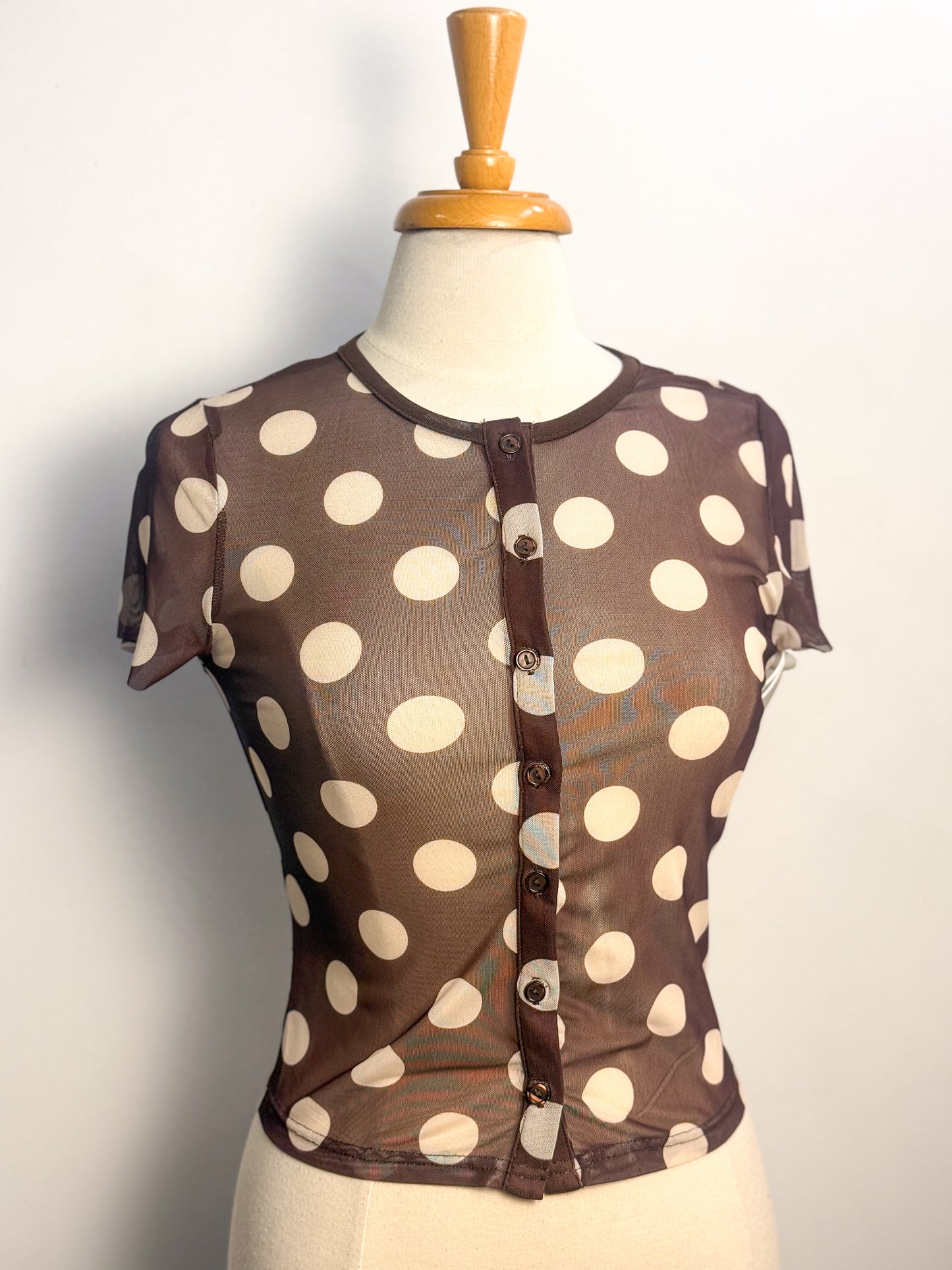 Polka Dot Button Front Mesh Top