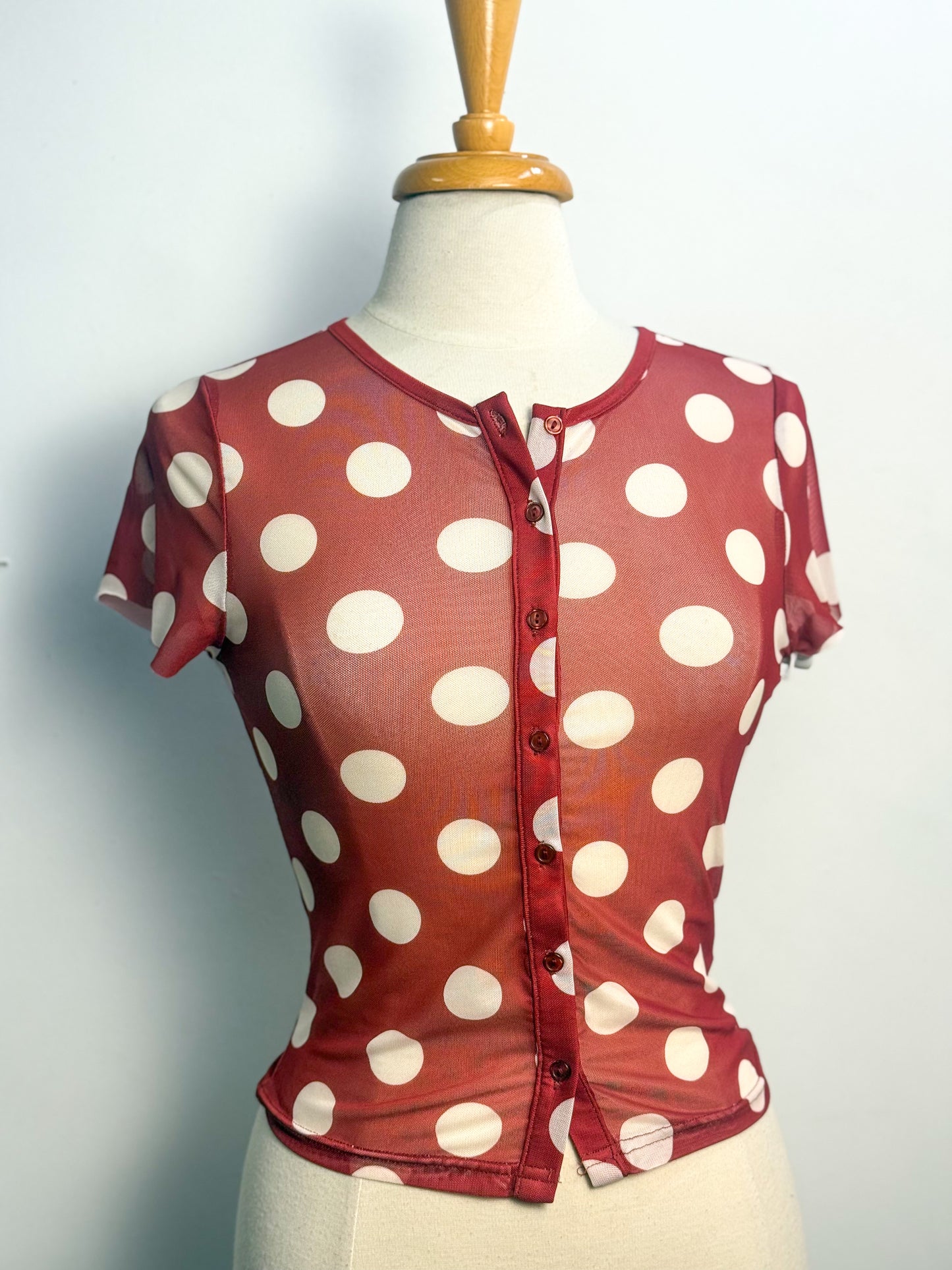 Polka Dot Button Front Mesh Top
