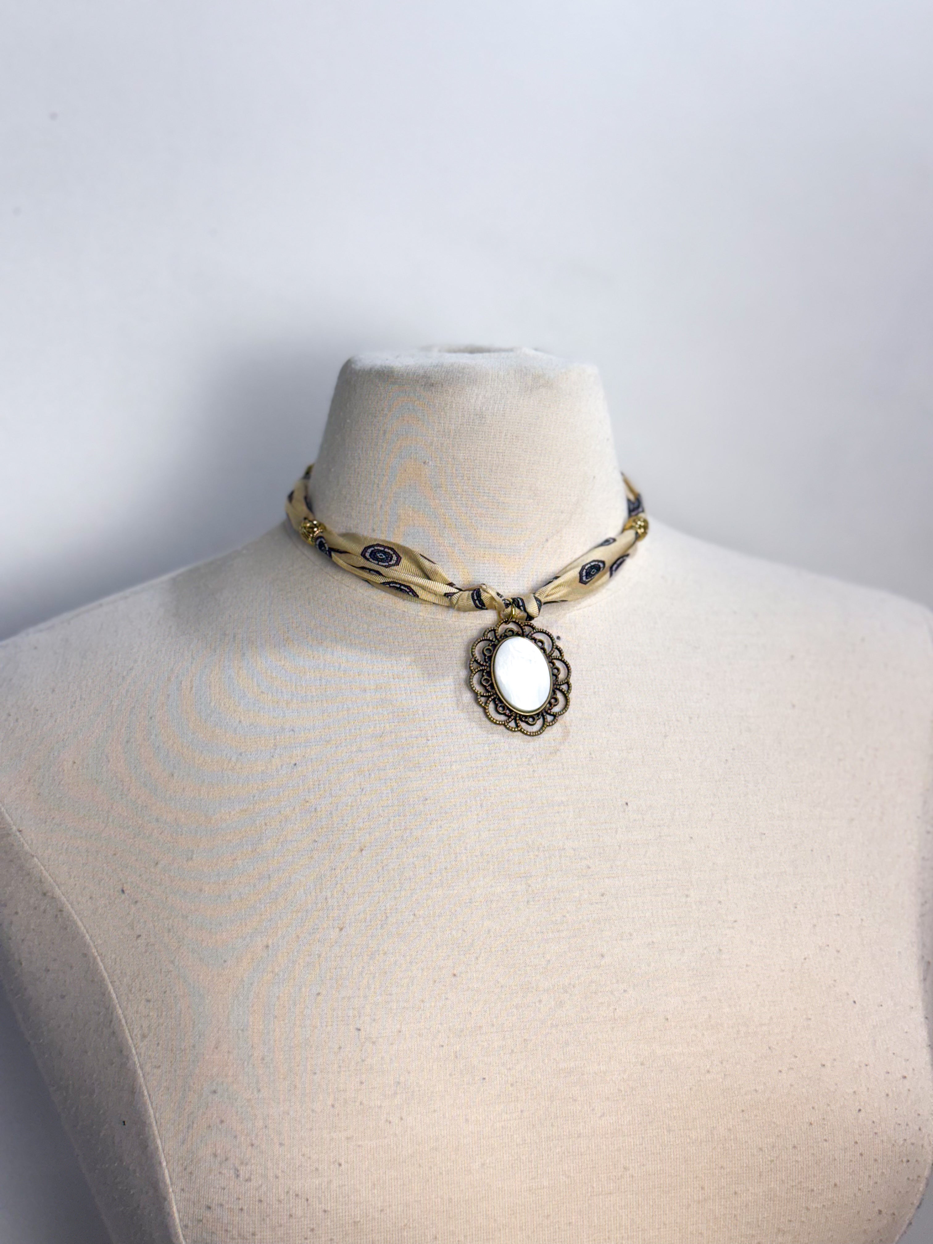 OOAK Vintage Silk Tie & Shell Cameo Necklace