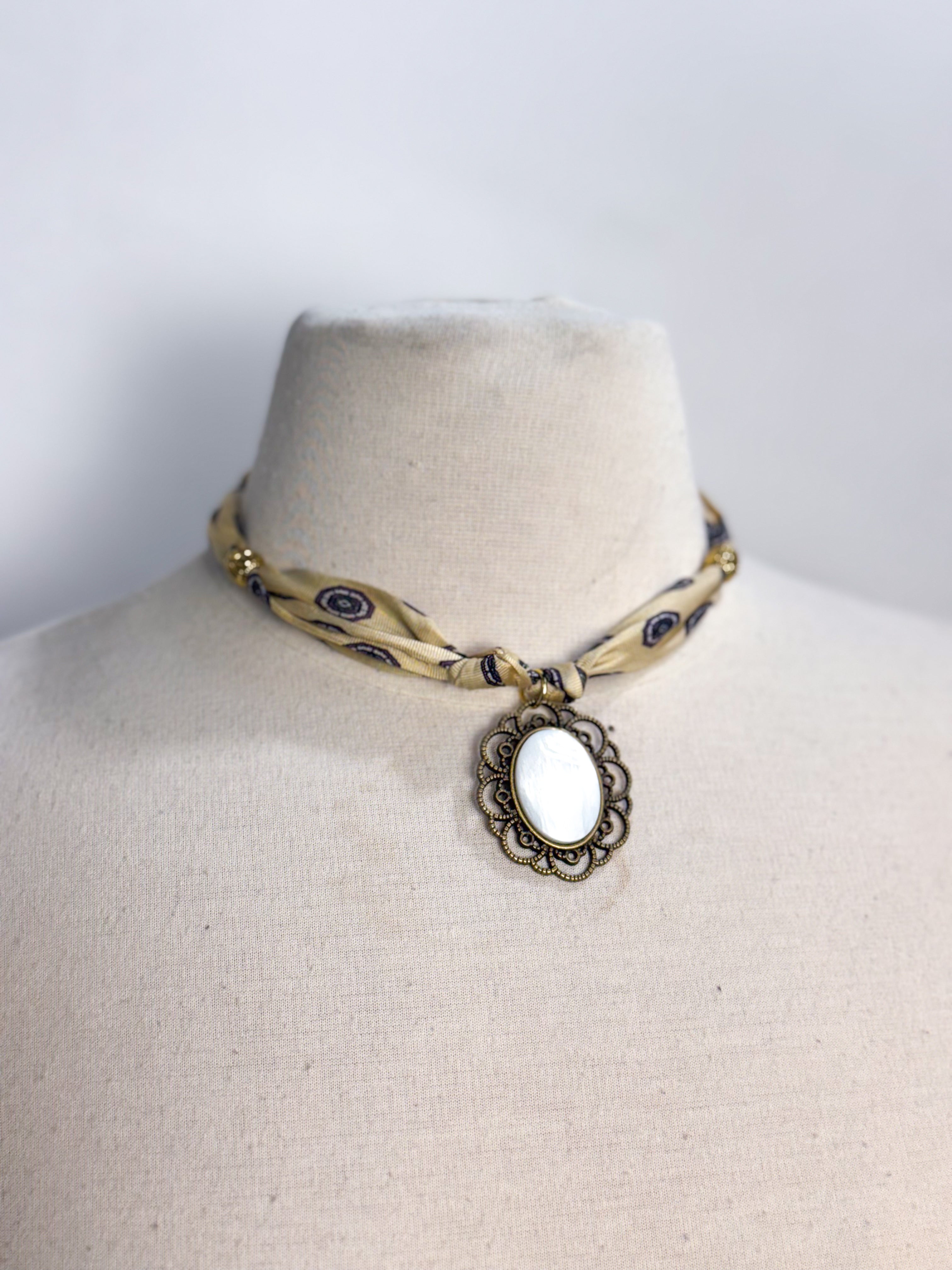 OOAK Vintage Silk Tie & Shell Cameo Necklace