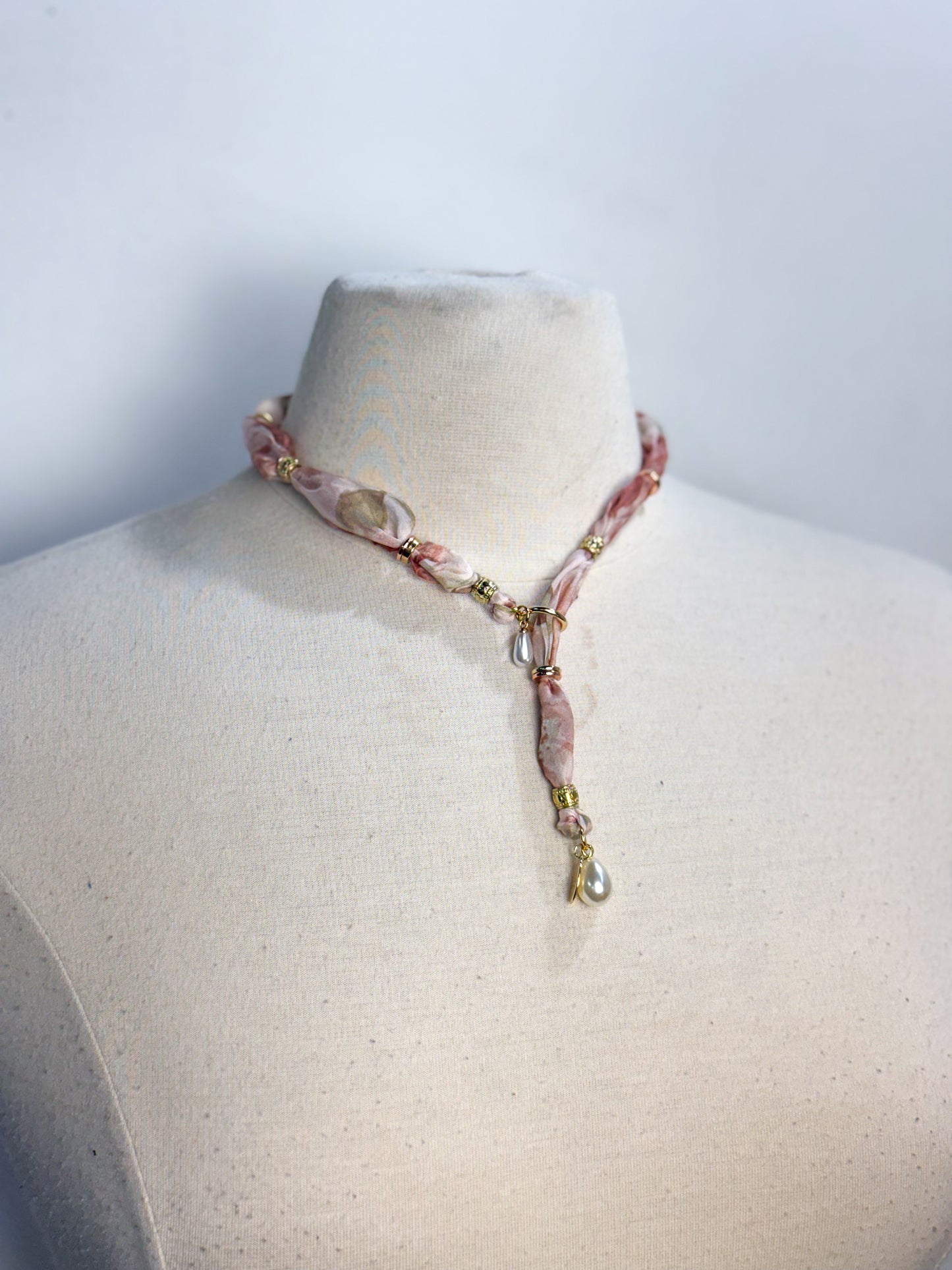 Handmade Chiffon & Pearl Lariat Necklace