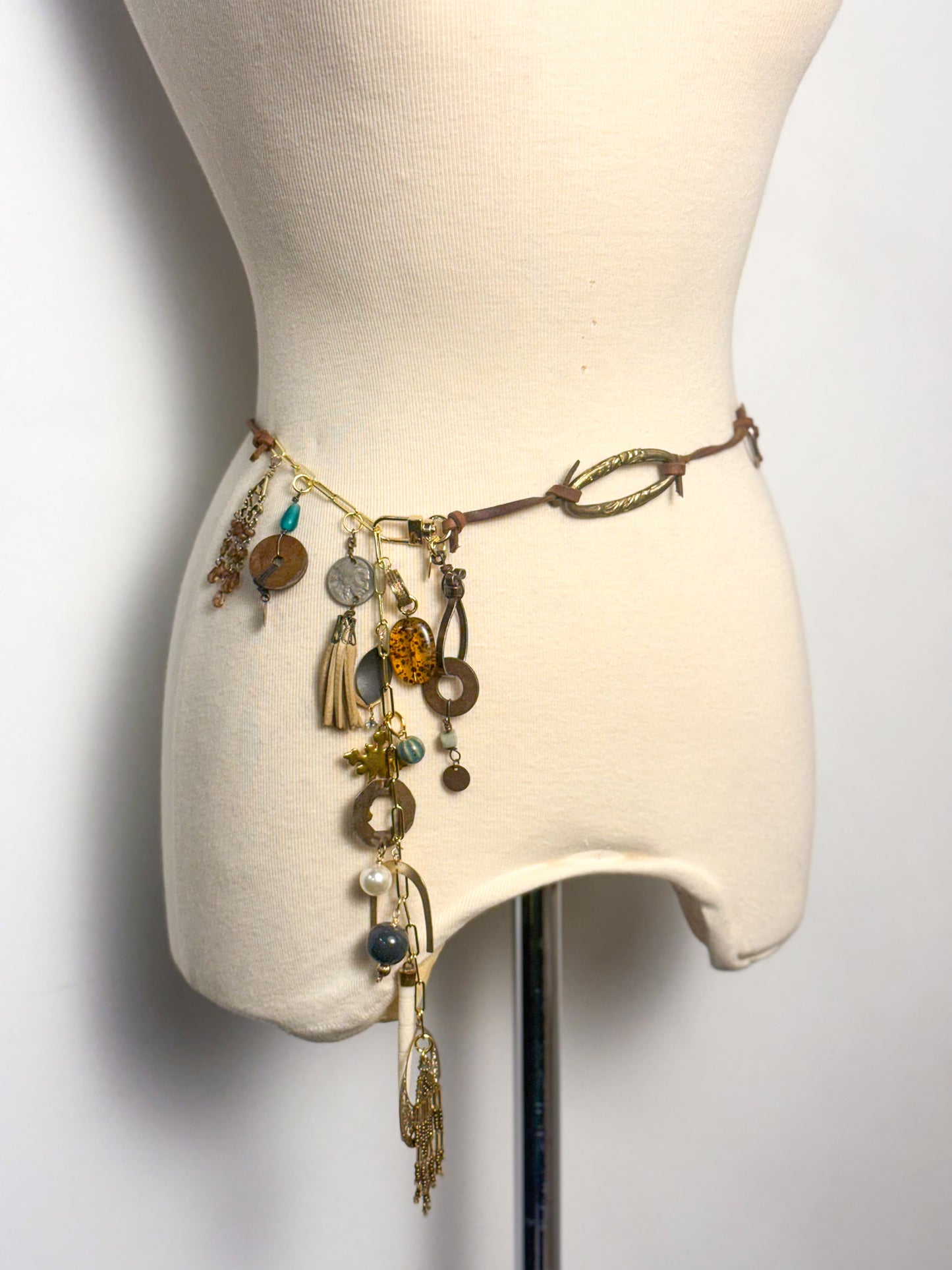 OOAK Leather Vintage Charms Link Belt or Necklace