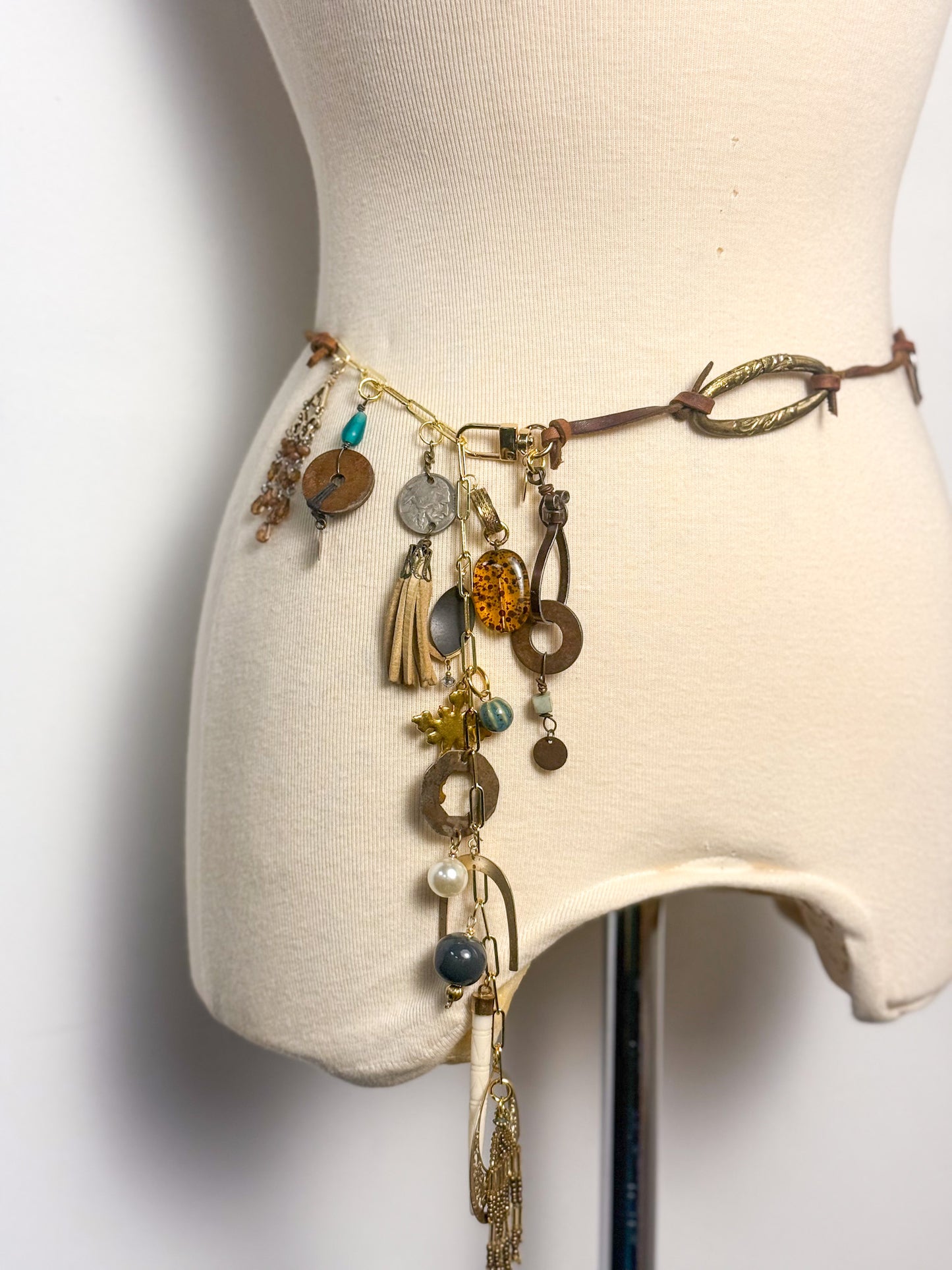 OOAK Leather Vintage Charms Link Belt or Necklace