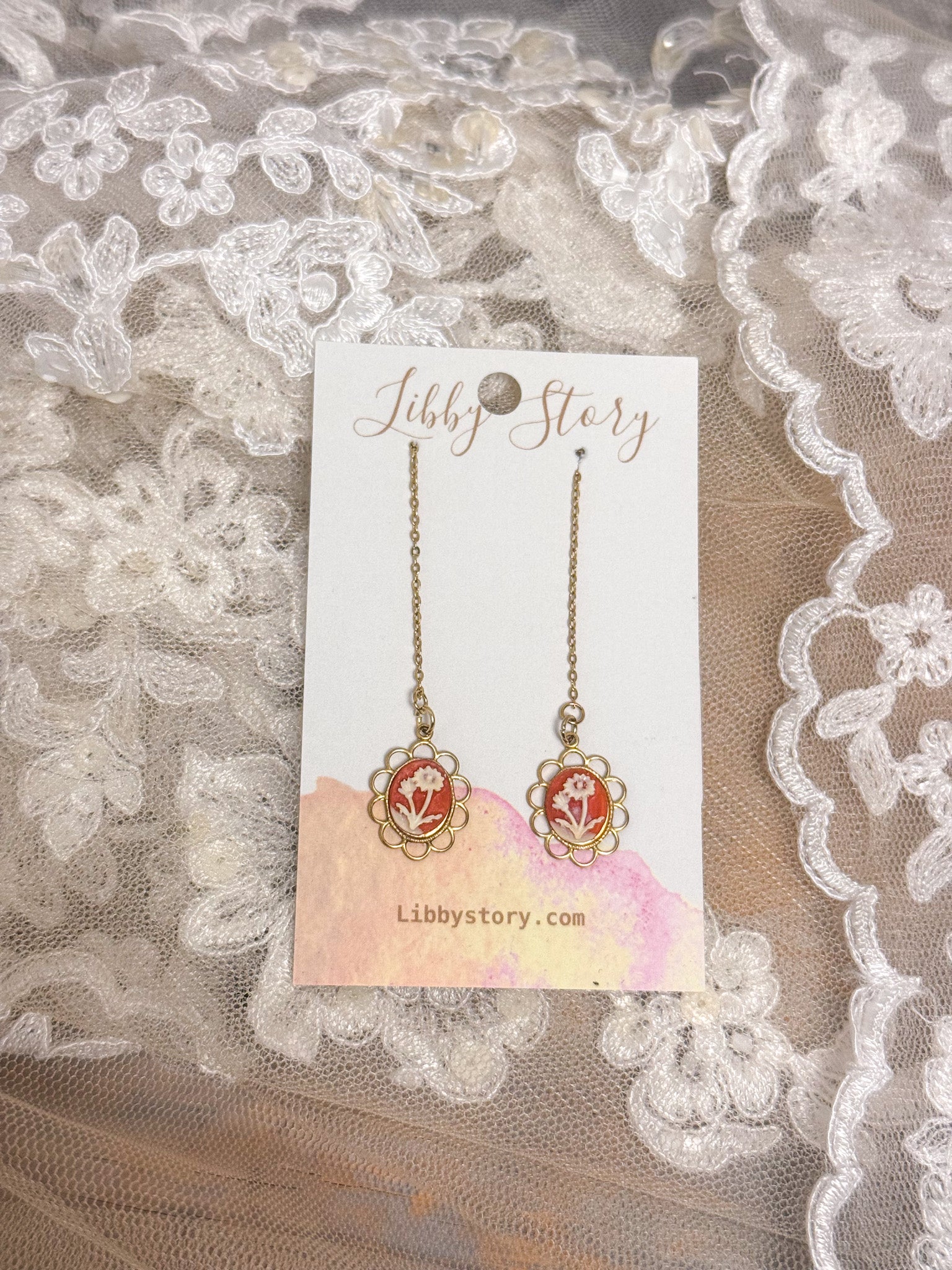 OOAK Floral Cameo Threader Earrings