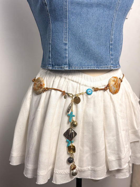 OOAK Leather Large Stone & Charms Belt