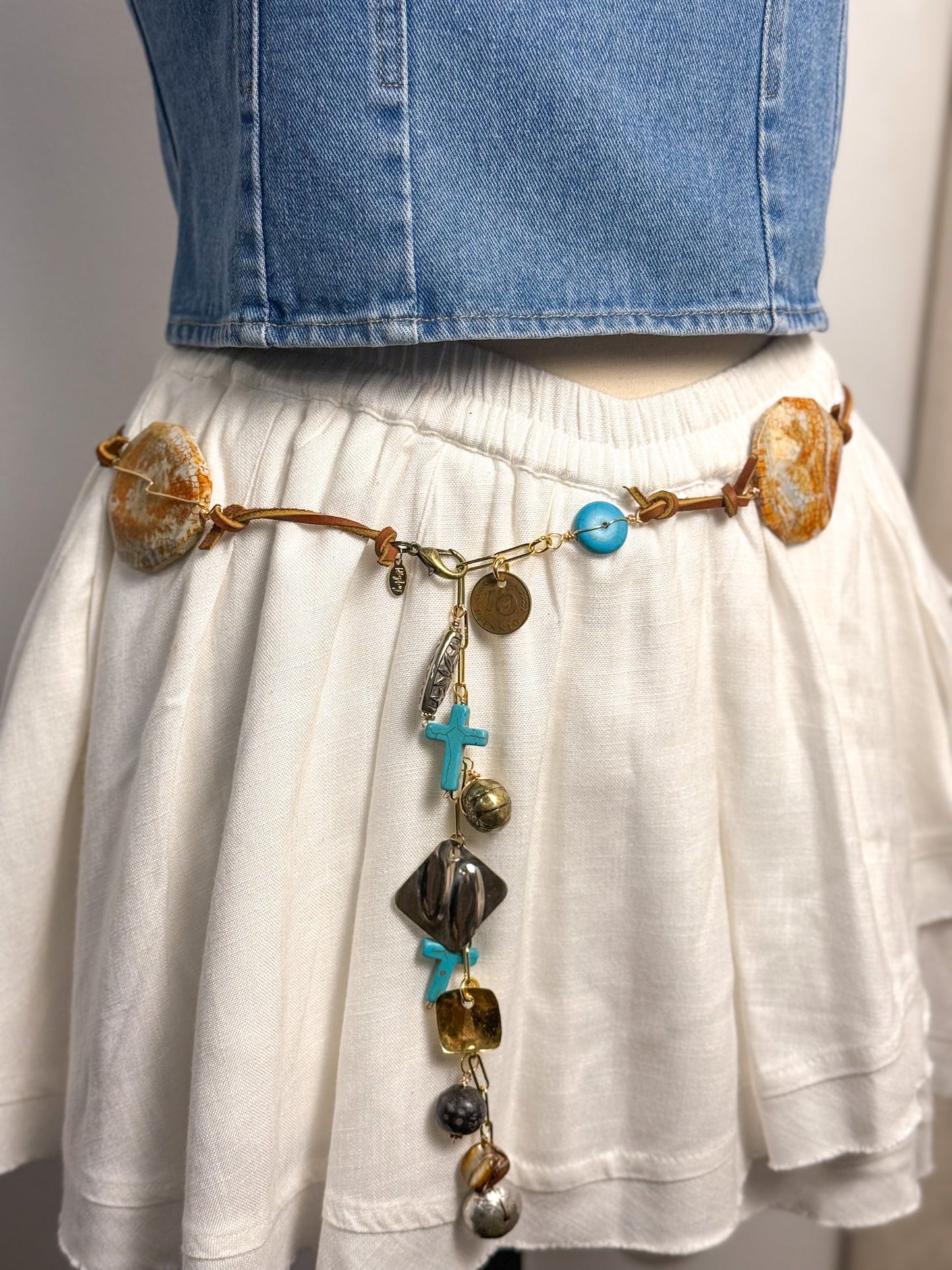 OOAK Leather Large Stone & Charms Belt