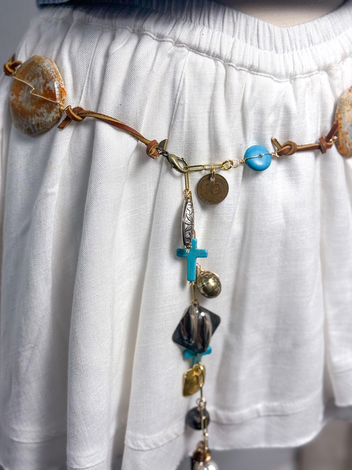 OOAK Leather Large Stone & Charms Belt