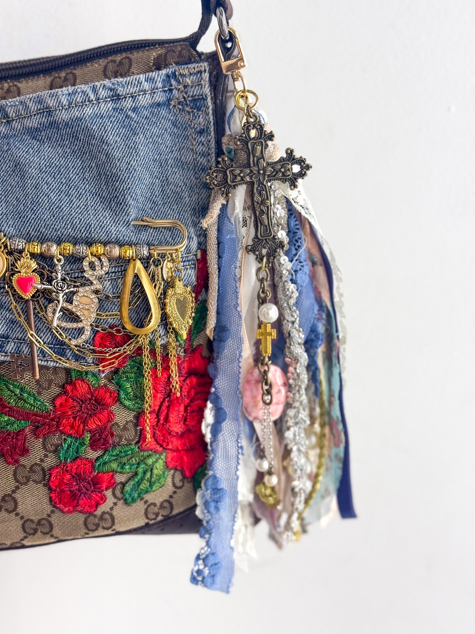OOAK Large Cross & Fabric Bag Charm